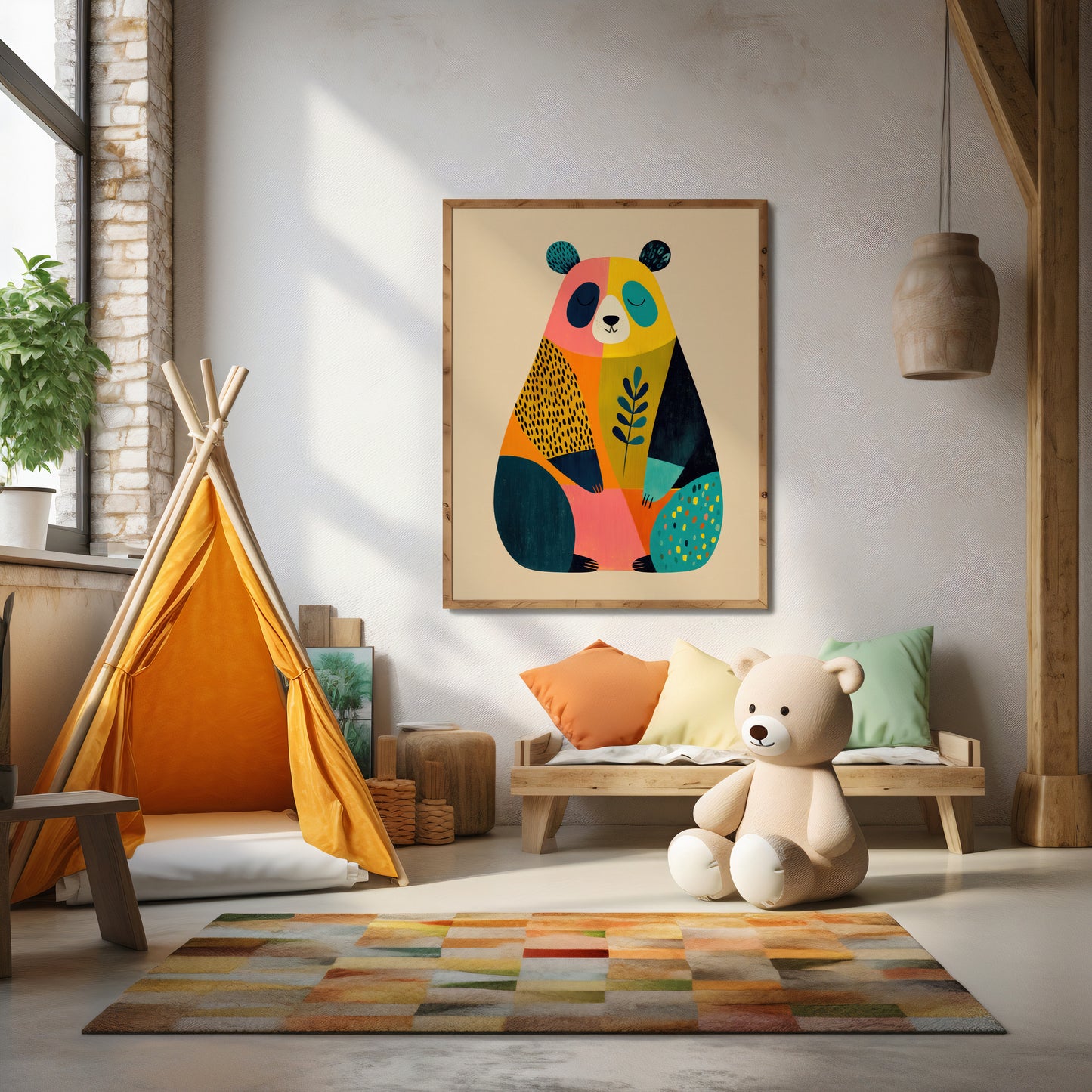 Children's room with a colorful teddy bear, teepee, and abstract panda painting.