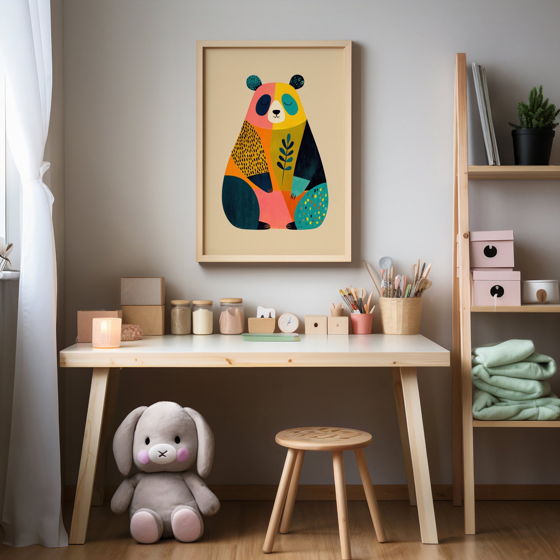 Children's room with a colorful panda illustration on the wall, a desk with stationery items, and a plush toy.