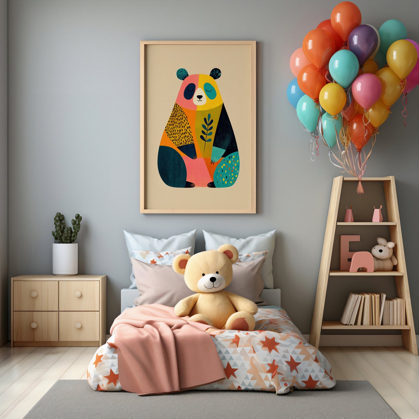 Children's bedroom with a teddy bear on a bed, colorful balloons, and a framed picture of a panda.