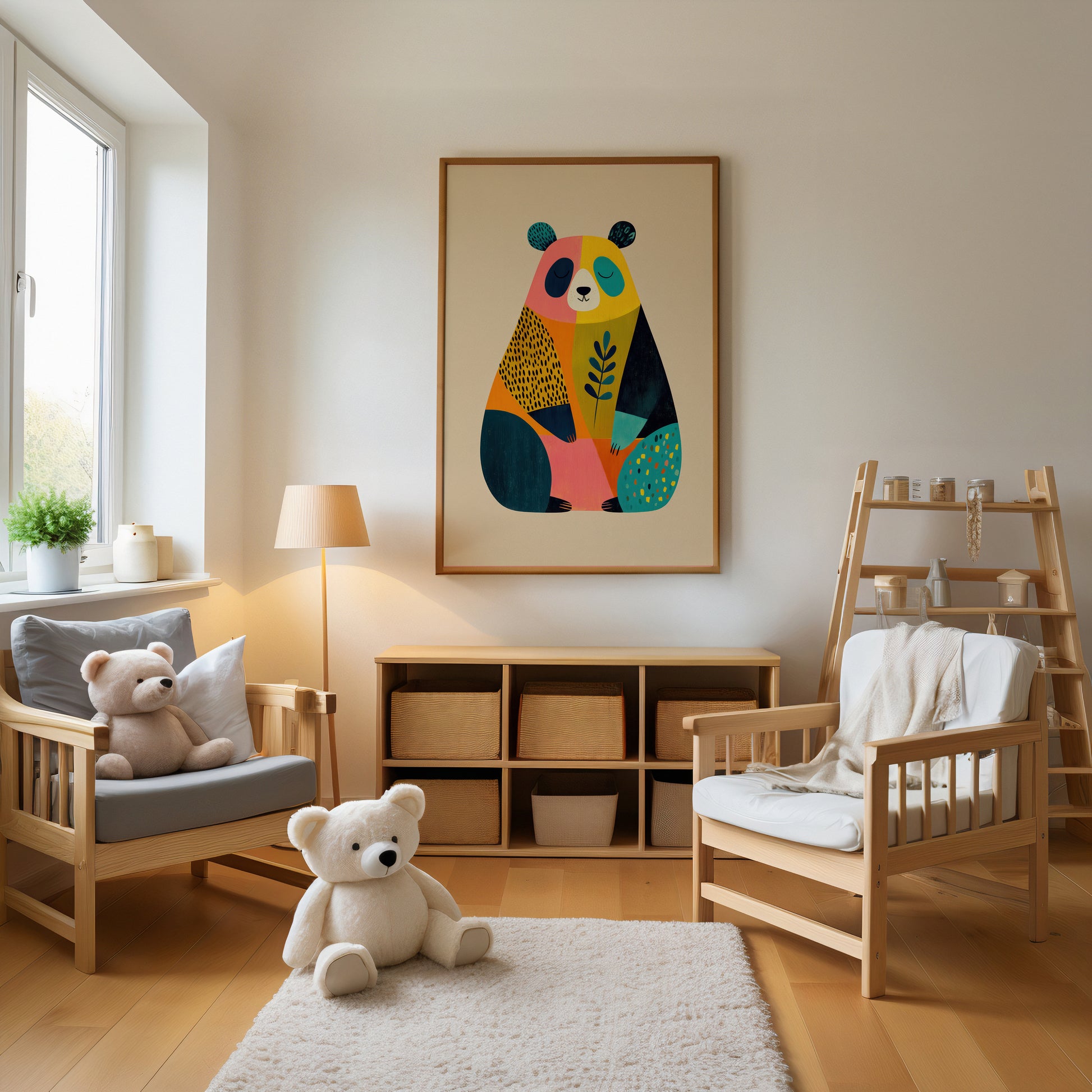 Children's room with wooden furniture, teddy bears, and a colorful panda painting.