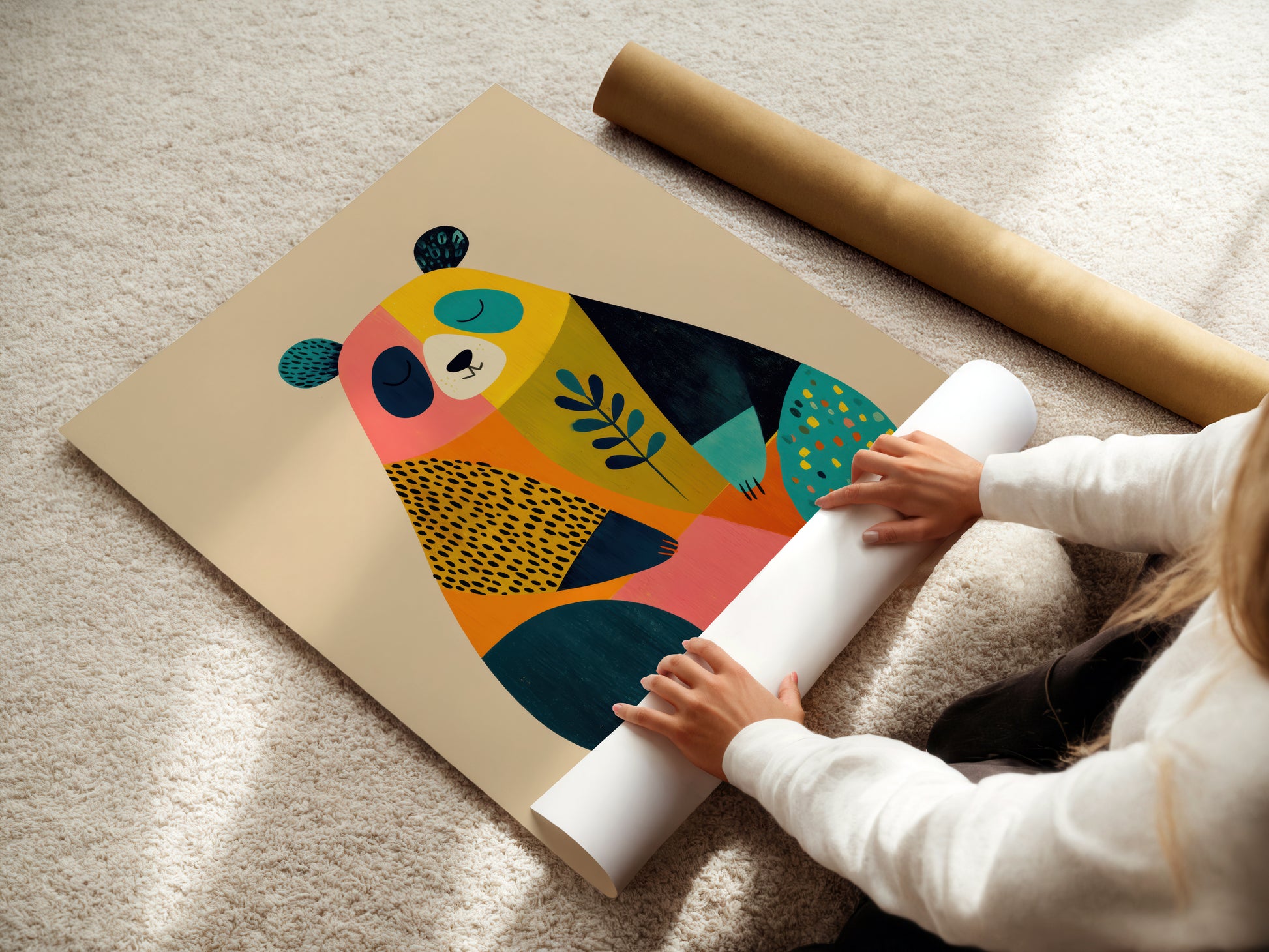 Person unrolling a colorful poster of a bear on a light-colored floor.