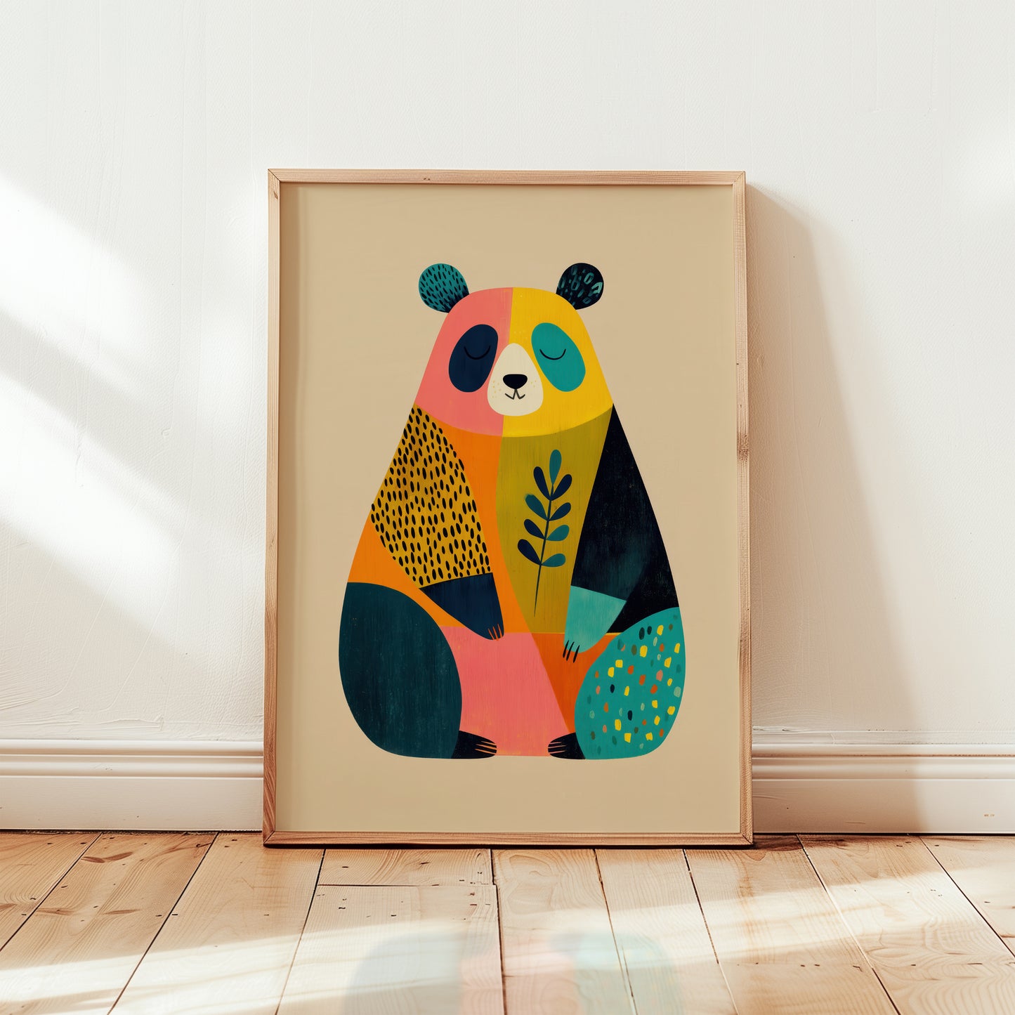 Framed colourful panda art print in wooden frame, folk art style illustration with coral mustard teal and navy patchwork design on cream background