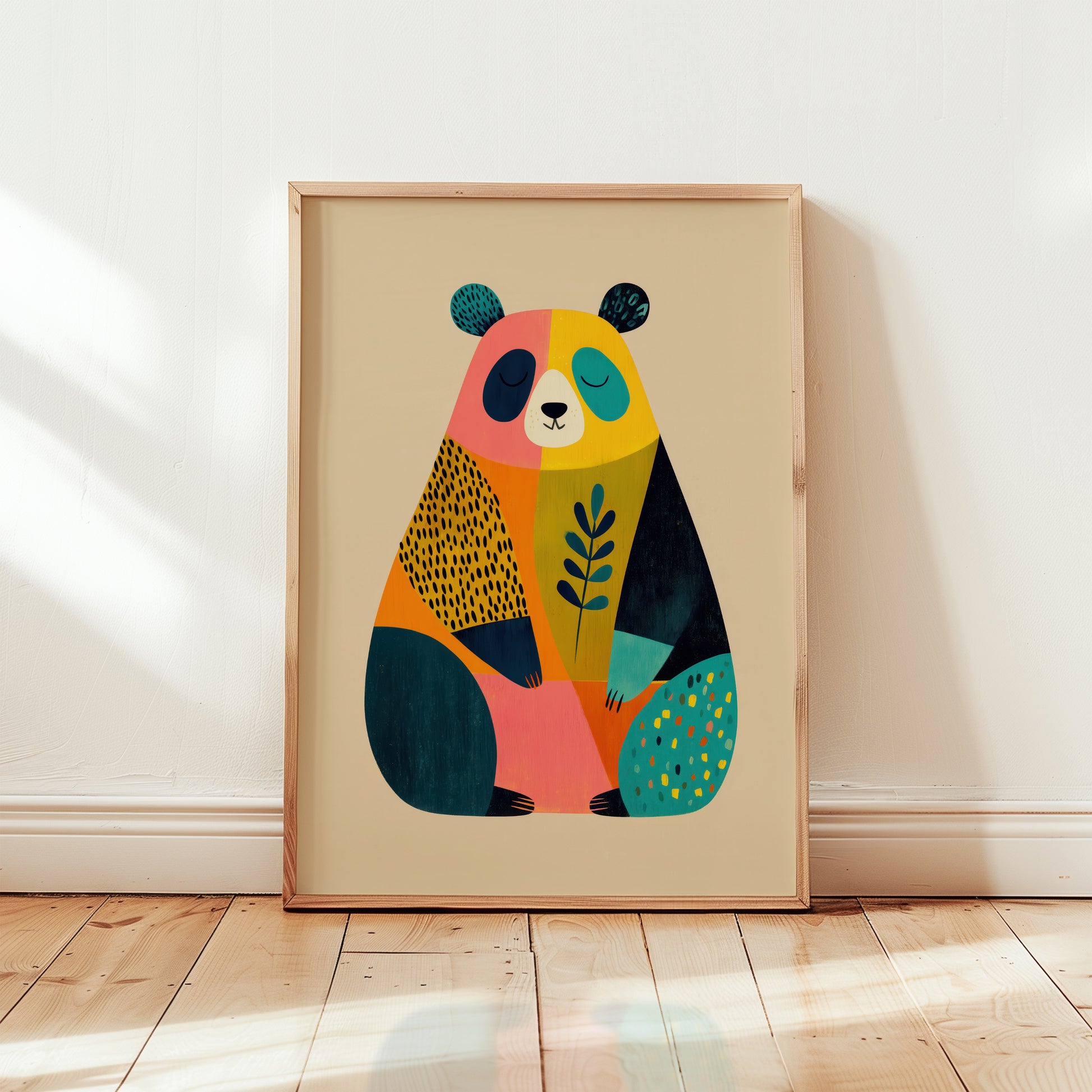 Framed colourful panda art print in wooden frame, folk art style illustration with coral mustard teal and navy patchwork design on cream background