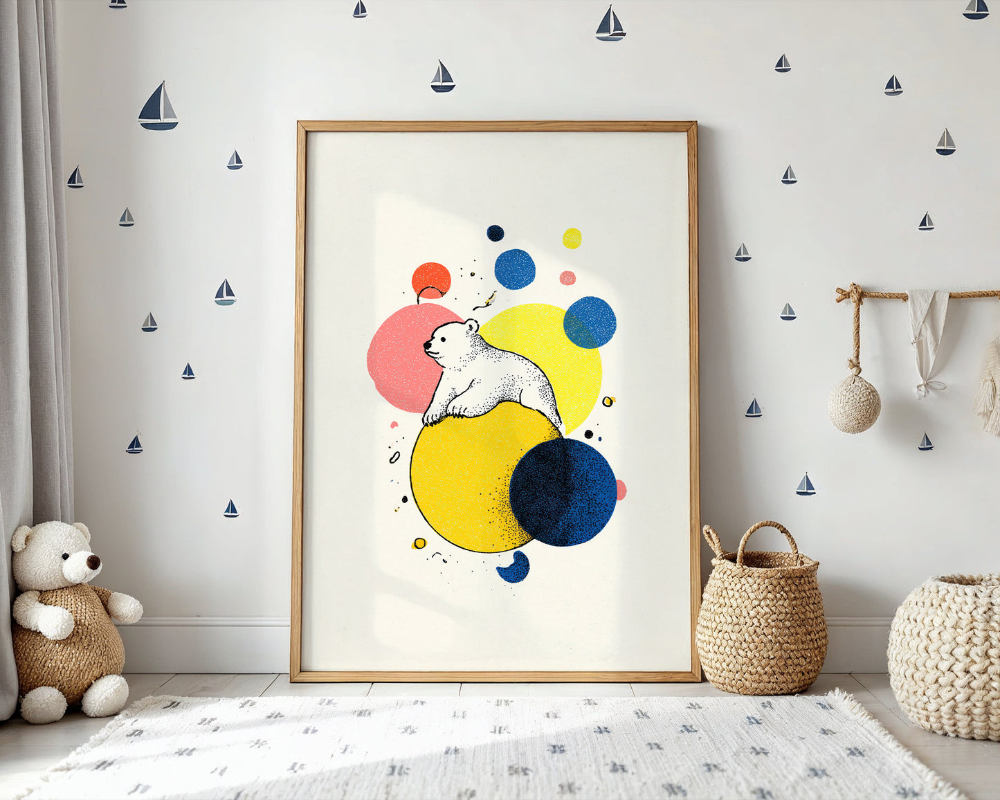 Colorful abstract art print of a bear in a wooden frame on a wall with decorative elements.