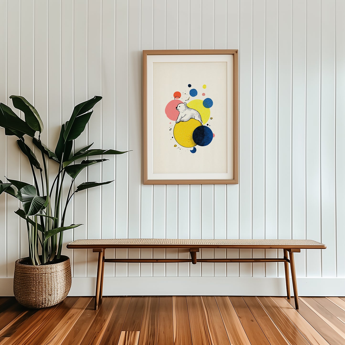 Framed modern abstract artwork on a wall , in a modern stylish Scandinavian interior. 