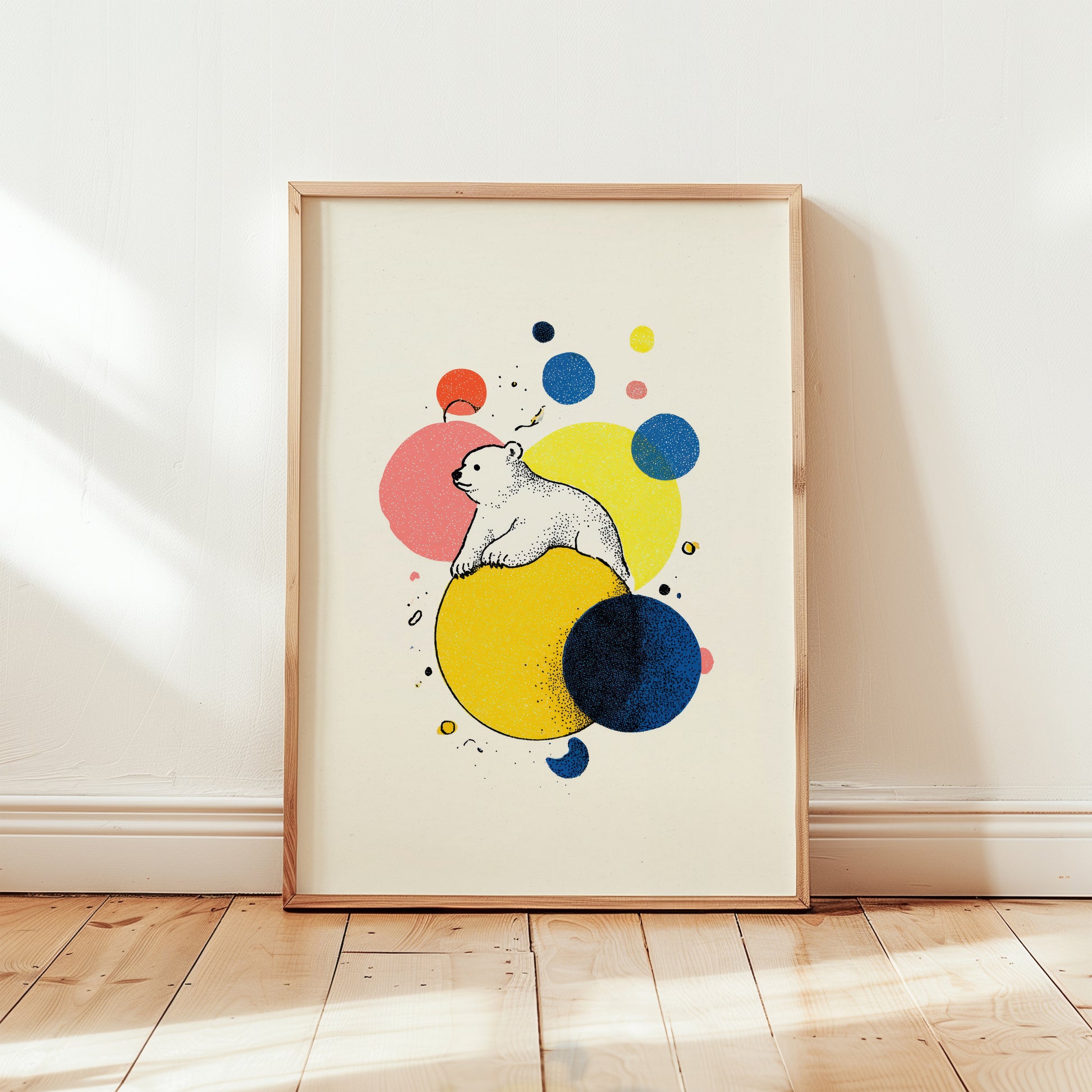 Modern Scandinavian polar bear nursery wall art print featuring vintage bear illustration with colourful abstract geometric shapes.