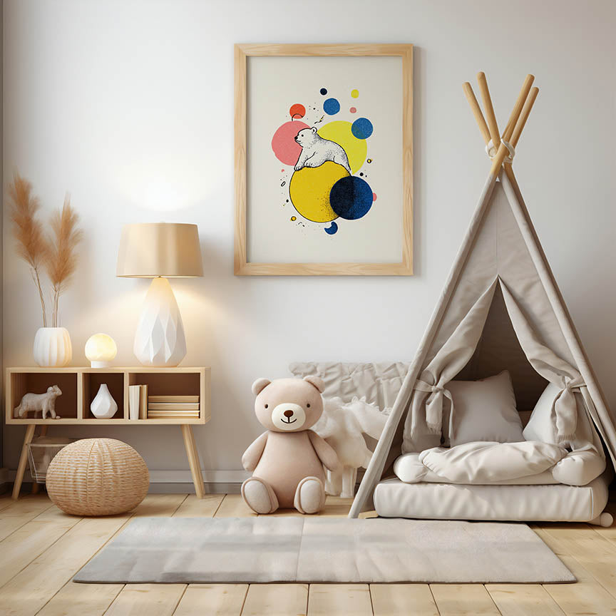 Children's room with a teepee, teddy bear, and colorful wall art. modern Scandinavian interior decor. 