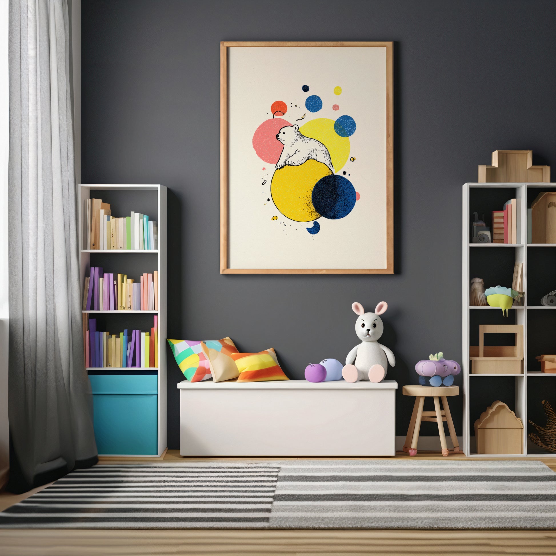 modern stylish Scandinavian Children's room with colourful decor, books, and toys on shelves.