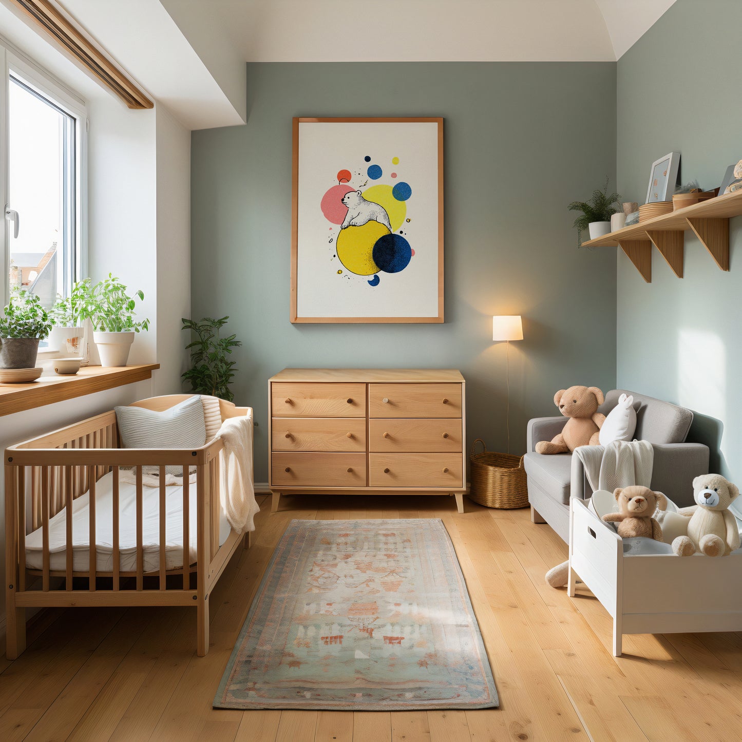 modern stylish Scandinavian interior. Nursery room with wooden crib, dresser, and children's furniture.
