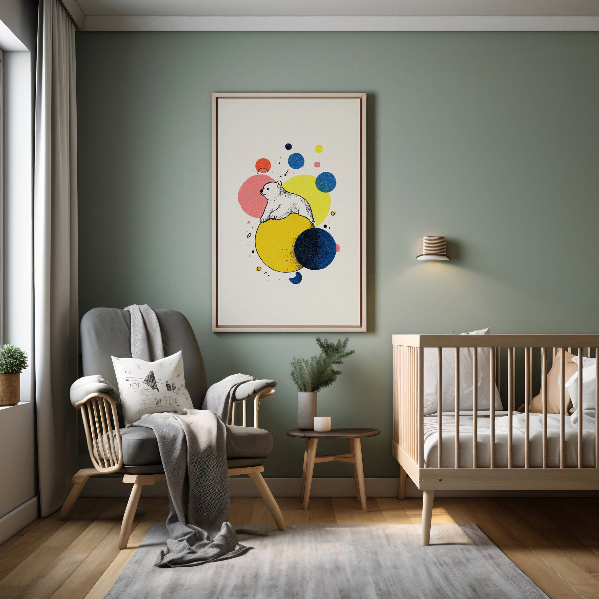 Modern childs nursery with a colorful abstract painting on the wall, a crib, and a gray armchair.