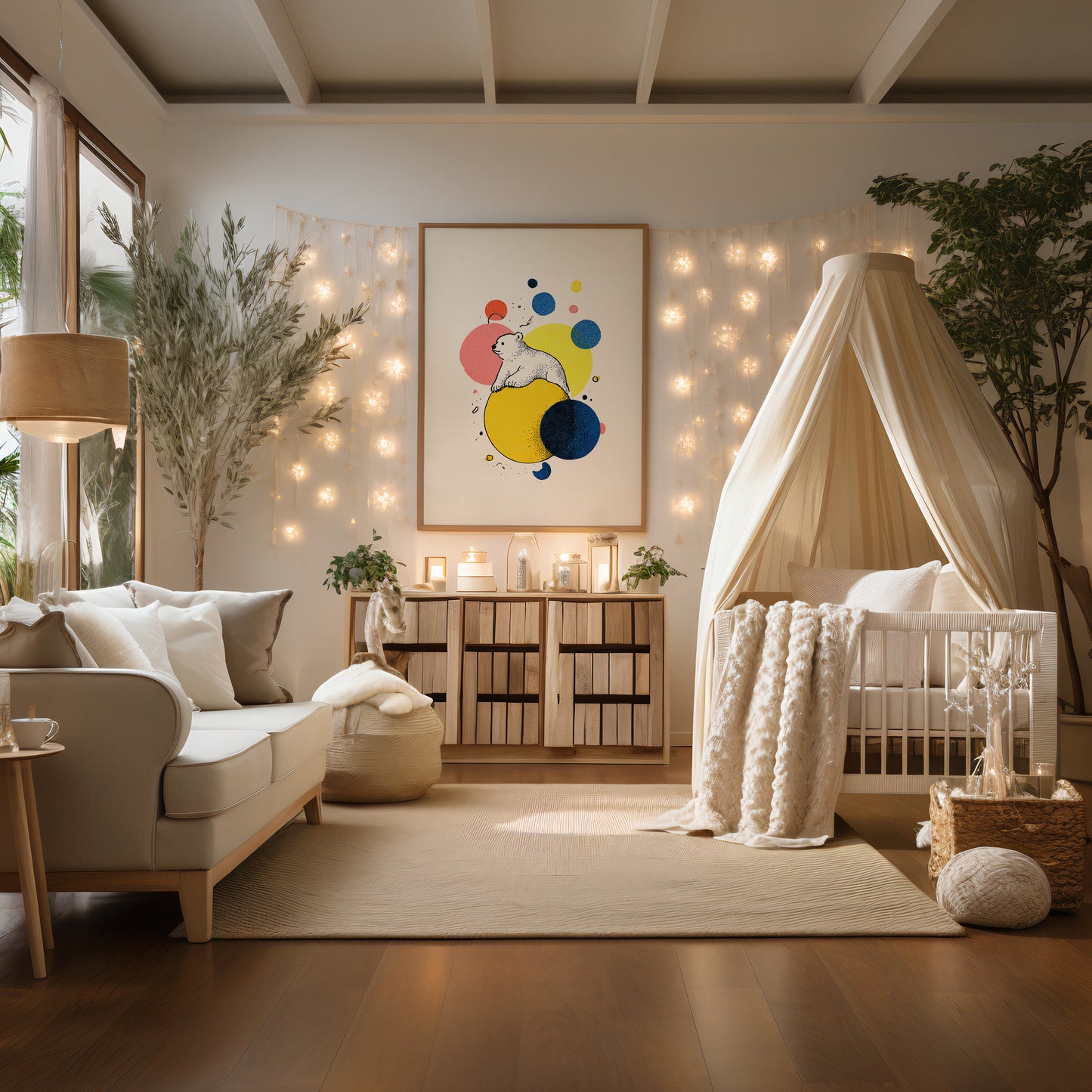 Cozy kids  room with a baby crib, colorful wall art, and string lights. Modern abstract style interior. 