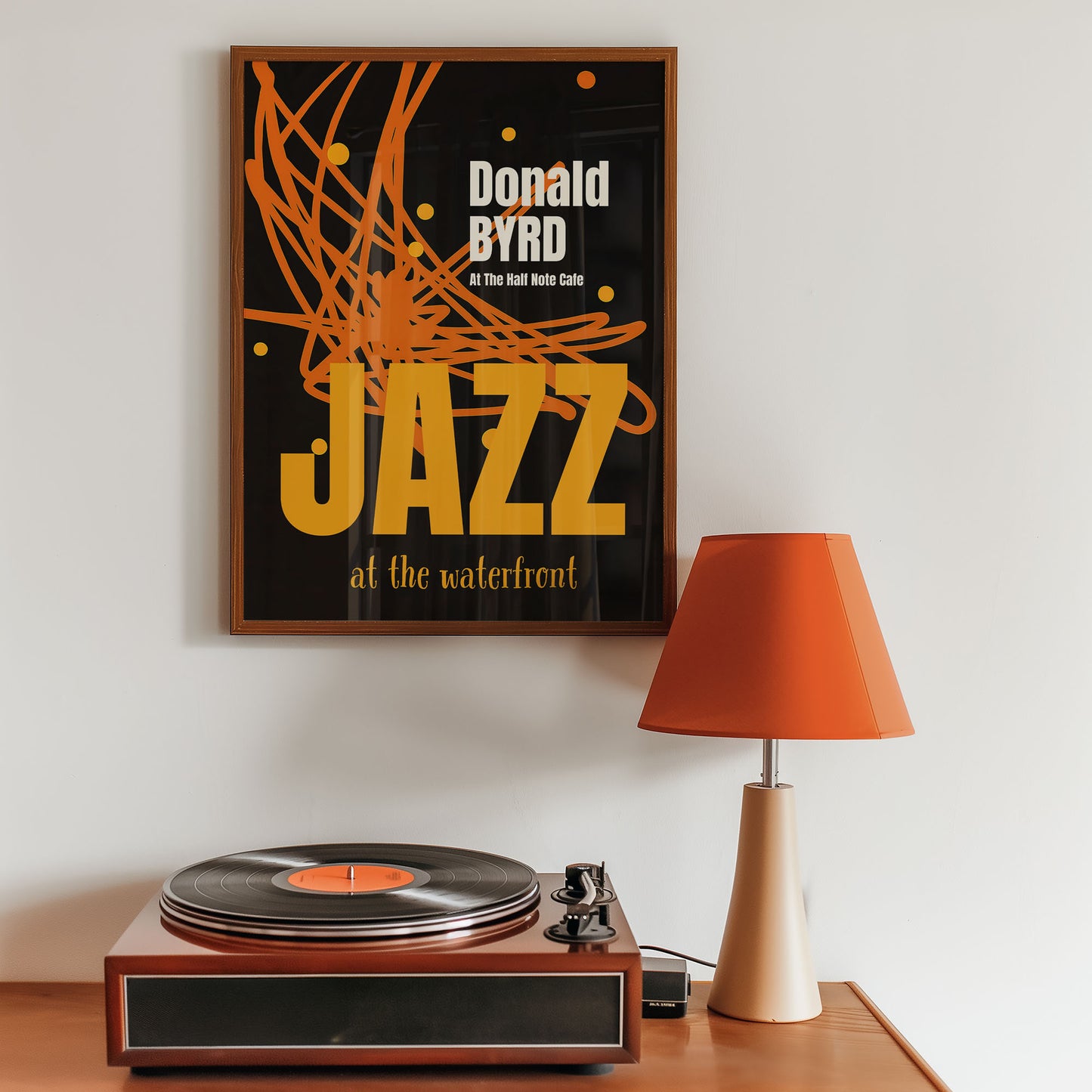 Donald Byrd at the Half Note Cafe jazz print with modern black and orange graphic design
