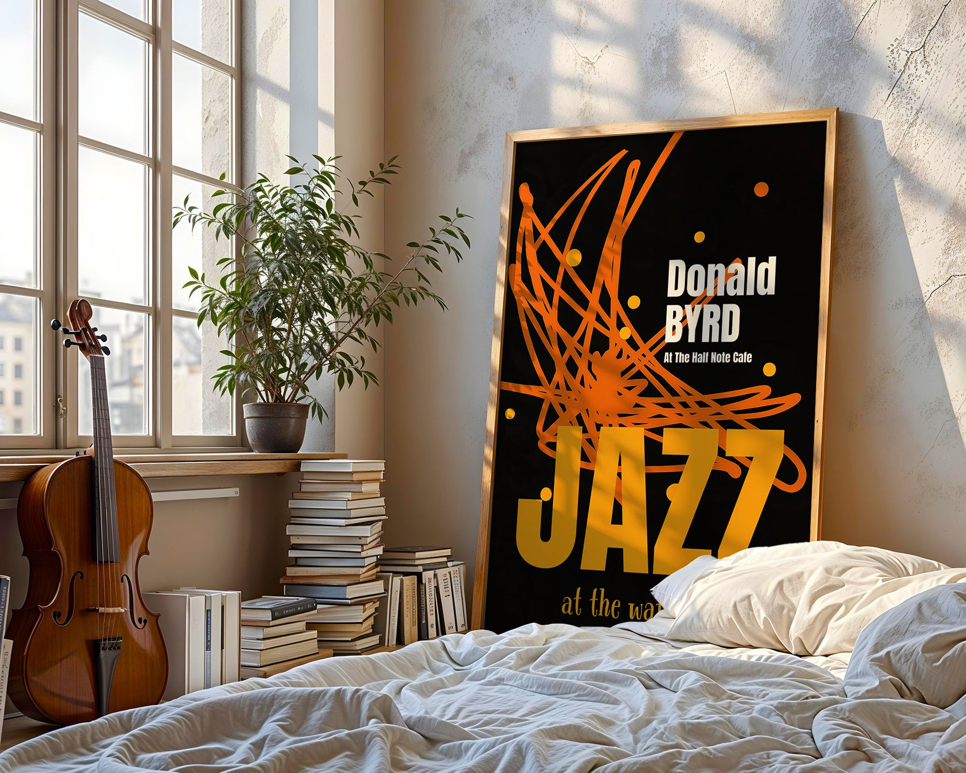 Framed poster of Donald Byrd Jazz on a wall in a room with books and a violin.