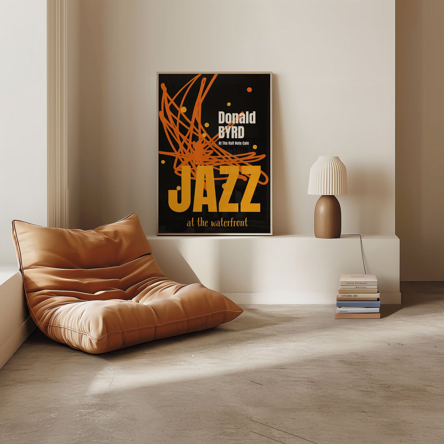 Modern interior with a brown cushioned chair, lamp, and jazz poster on a beige wall.
