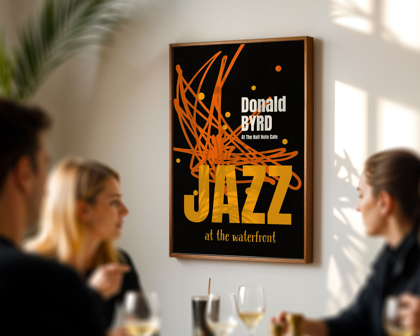 Framed poster of Donald Byrd Jazz at the Waterfront in a social setting with people and drinks.