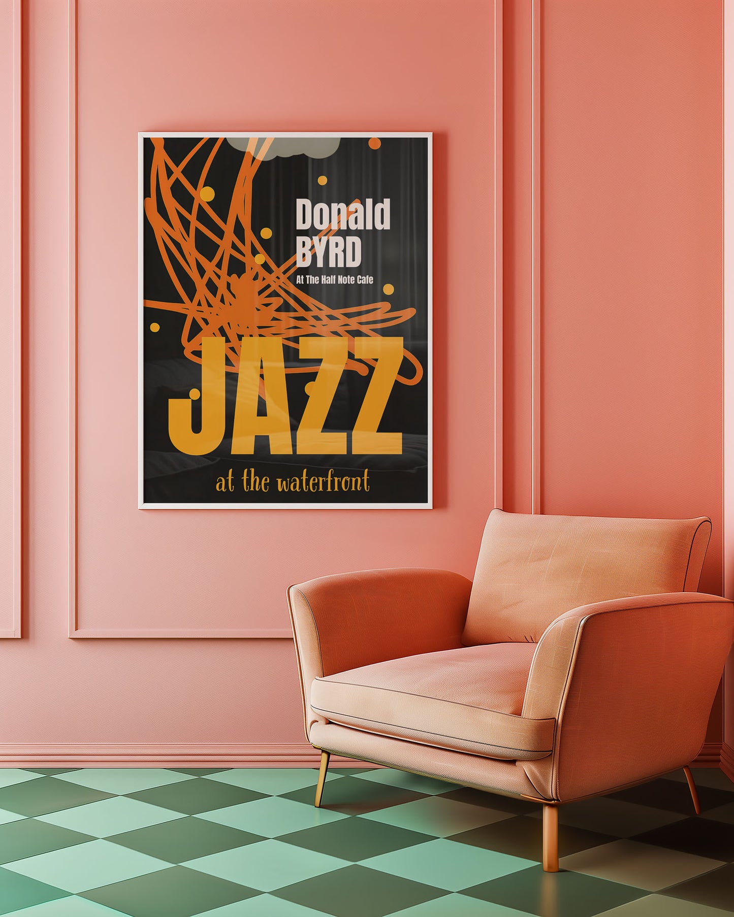 Poster of Donald Byrd Jazz on a pink wall above a peach armchair with a green and blue checkered floor.