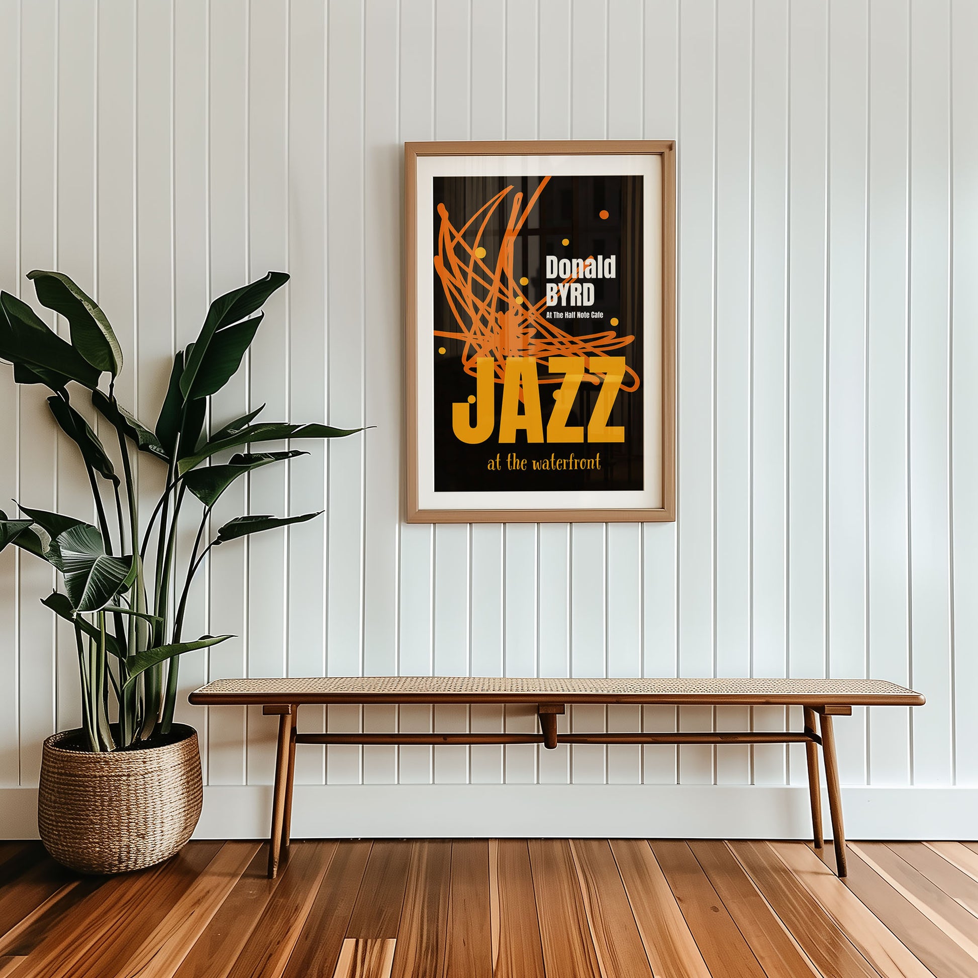 Mid-century modern poster styled in clean Scandinavian inspired living space