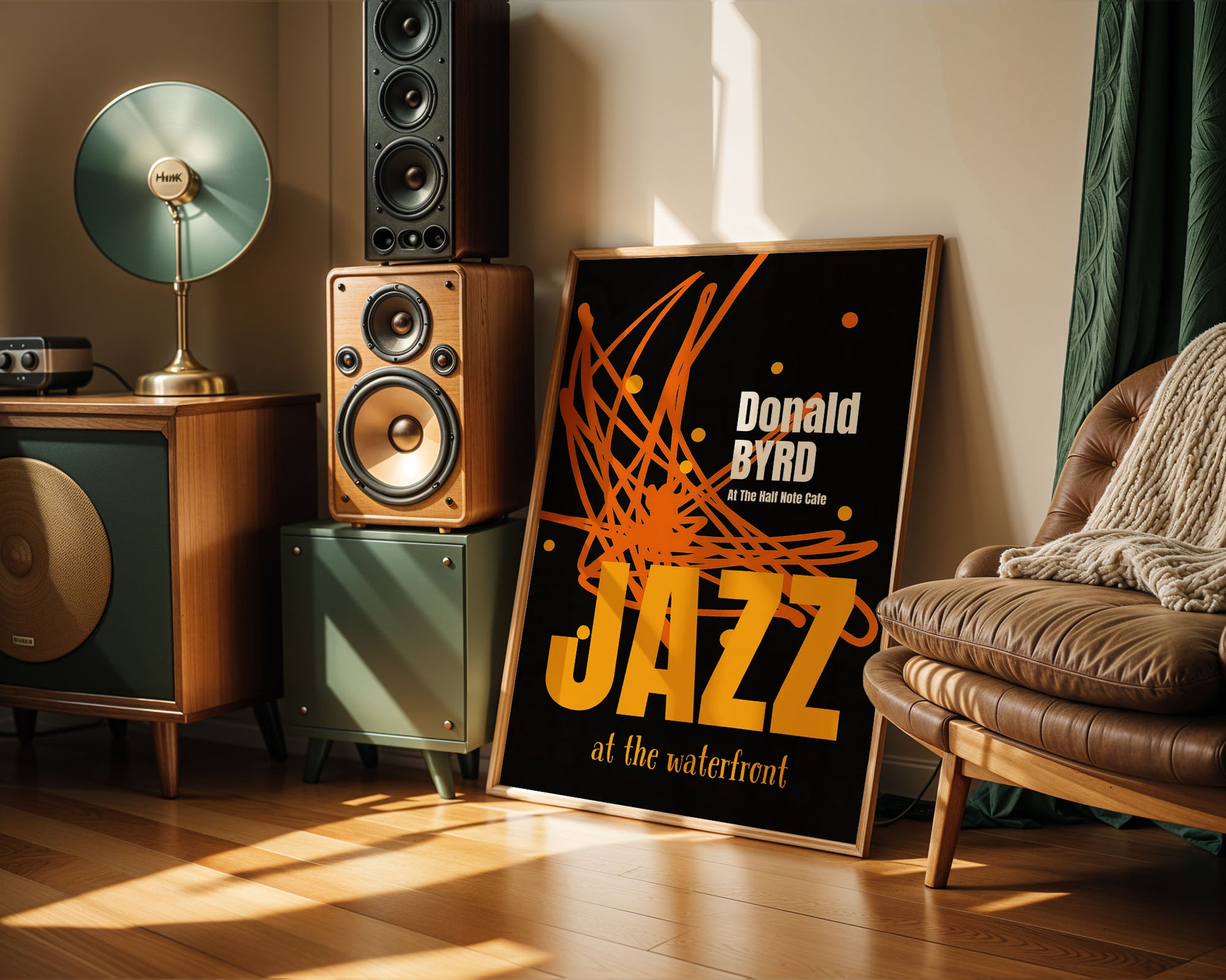 Colourful mid-century style poster adding bold accent to modern home interior