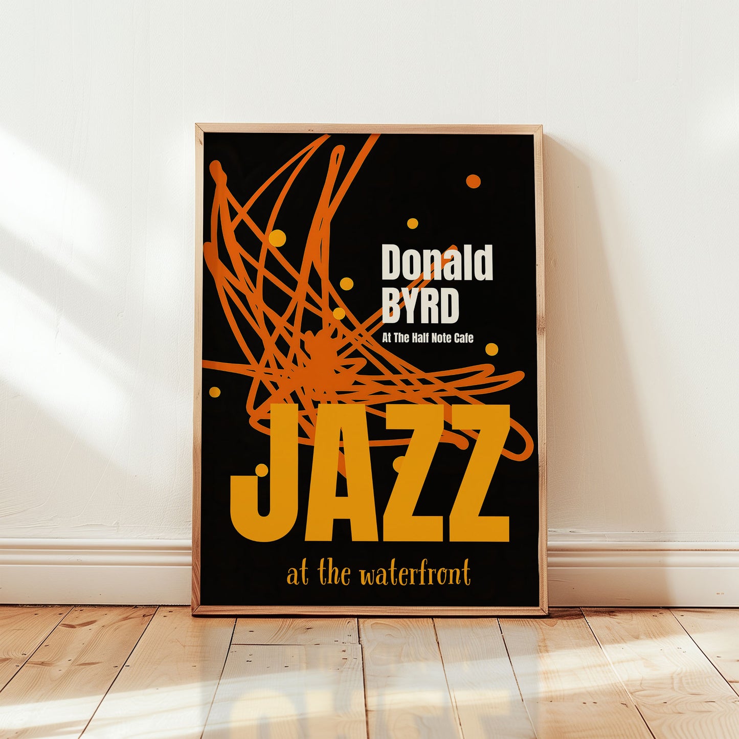 Donald Byrd jazz wall art poster inspired by live performance at the Half Note Cafe in bold black and orange design from Wallgarde
