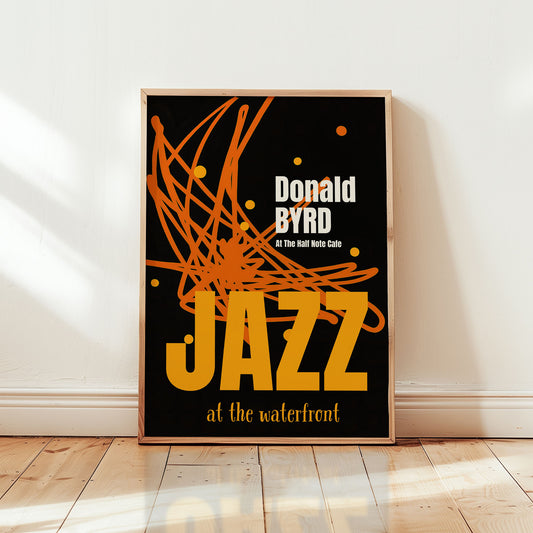 Donald Byrd jazz wall art poster inspired by live performance at the Half Note Cafe in bold black and orange design from Wallgarde
