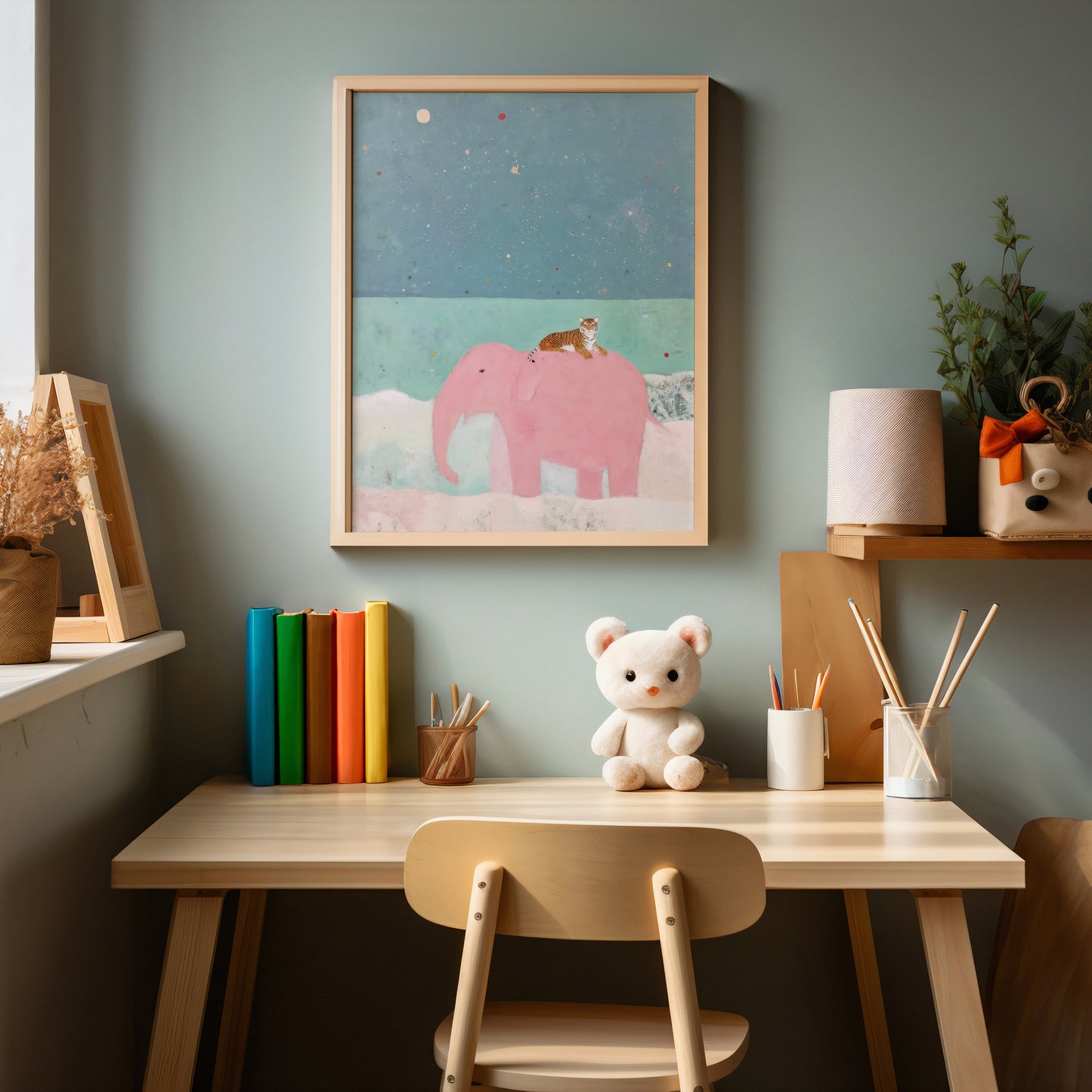 Whimsical pink elephant nursery poster with tiger and dreamy night sky, in a cosy child's bedroom.