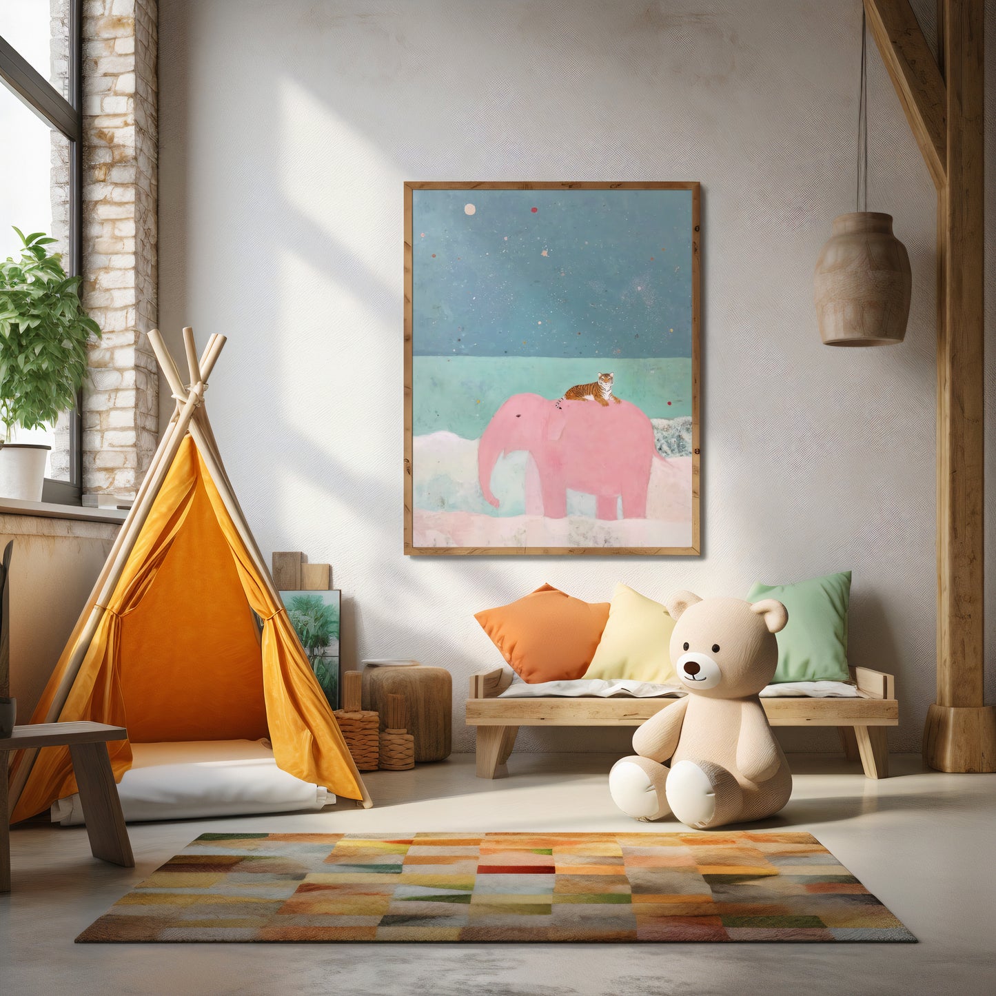 Mid-century modern poster styled in clean Scandinavian kids inspired living space