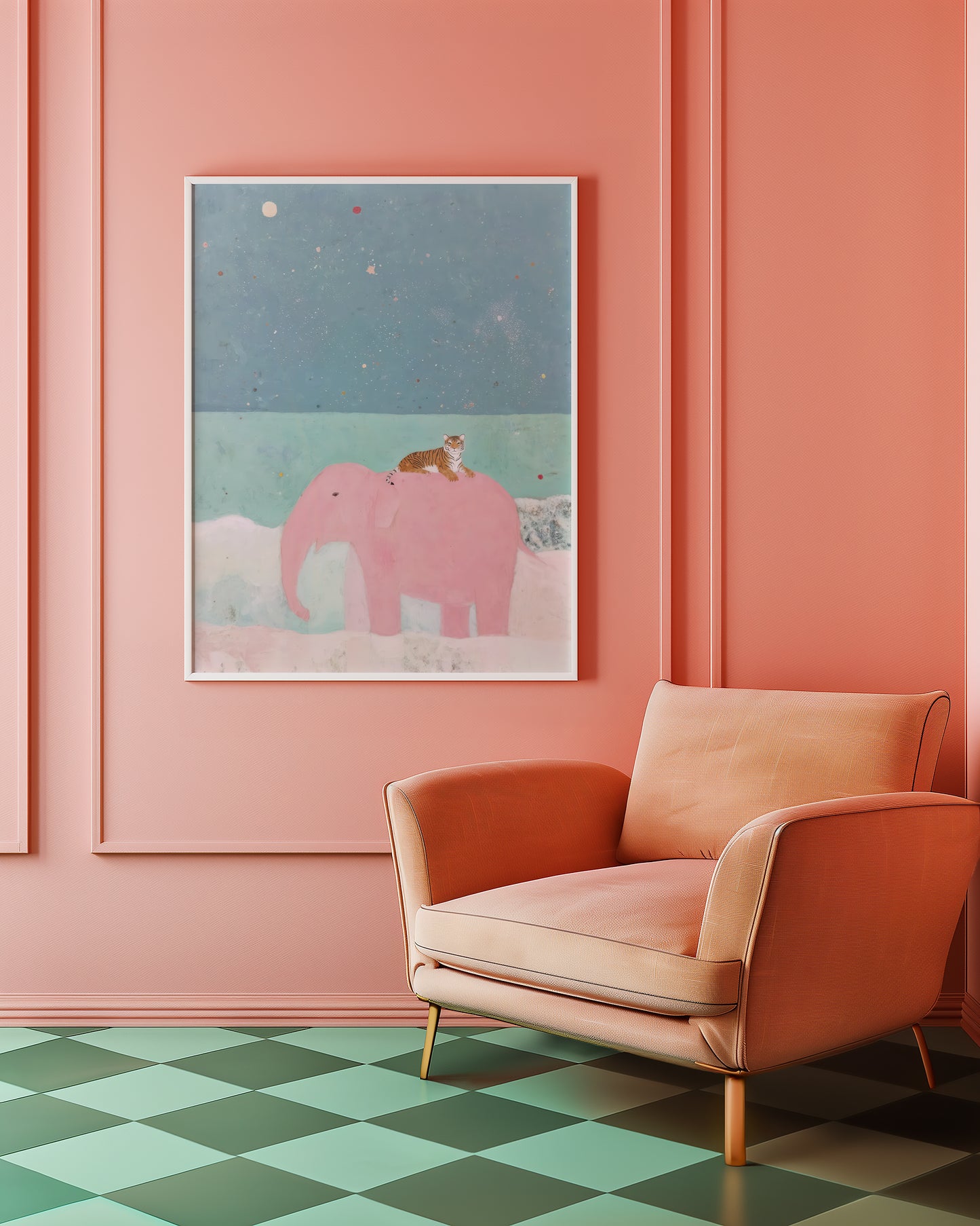 Colourful mid-century style poster adding bold accent to modern home interior