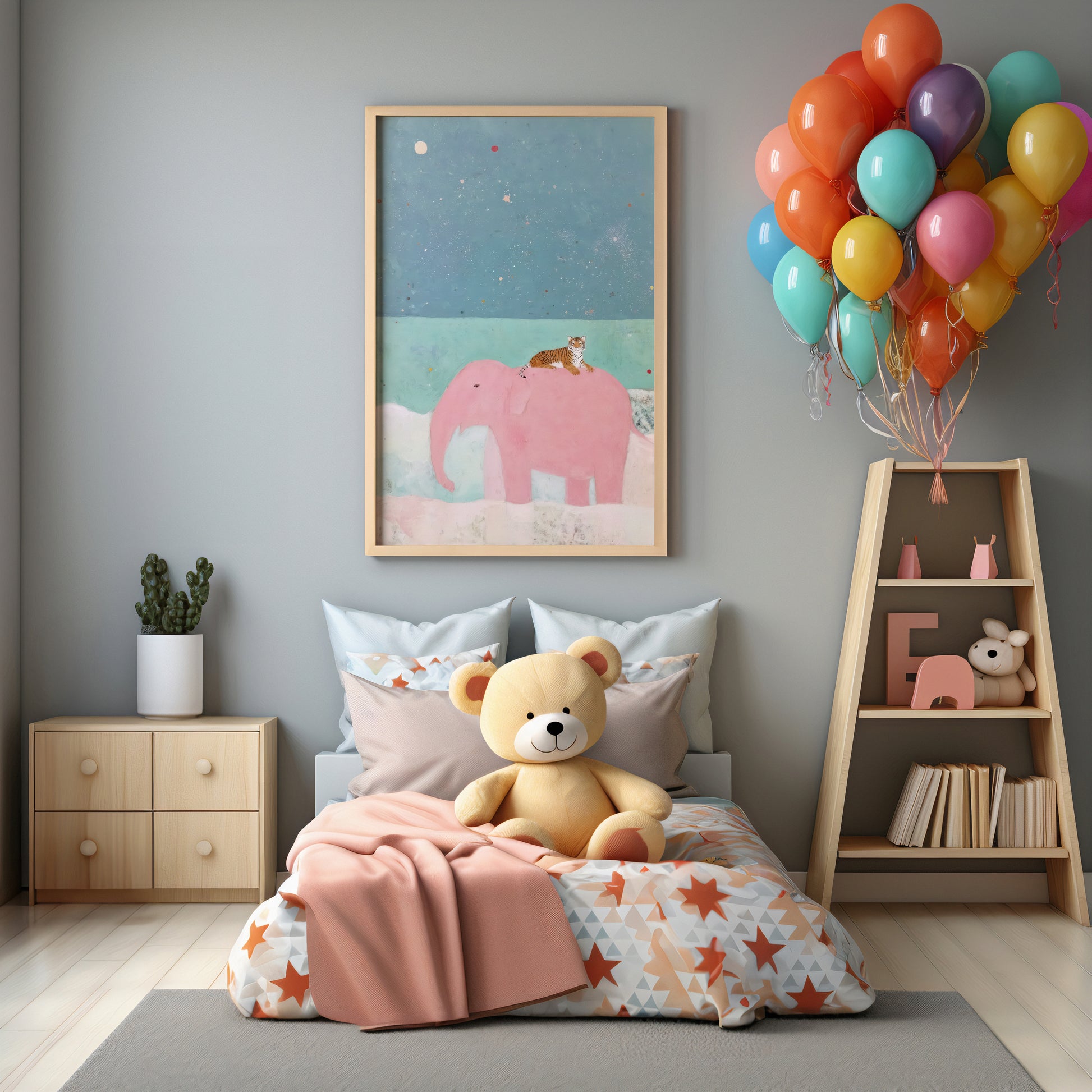 Framed mid-century style elephant and tiger wall art print styled against minimalist kids interior bedroom.
