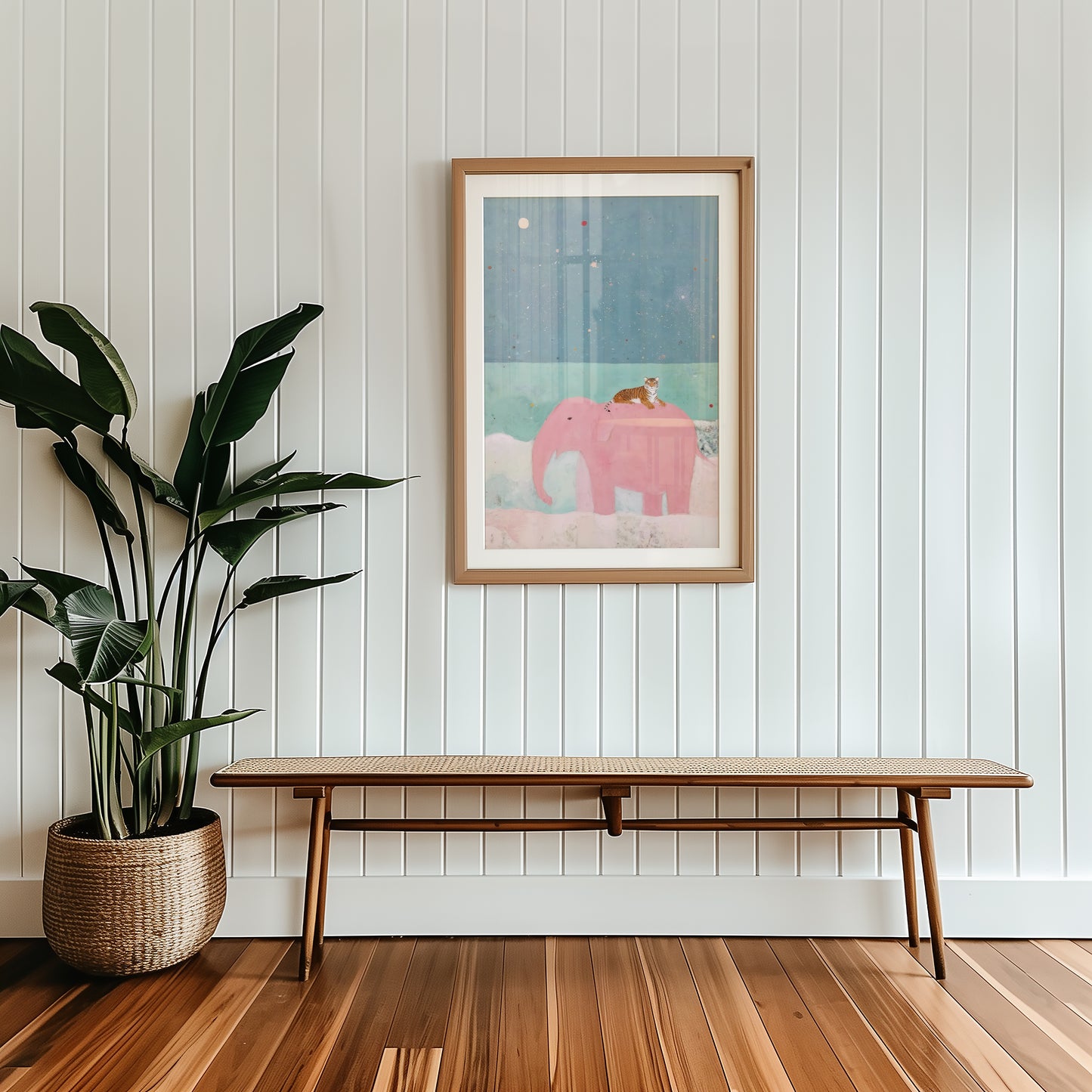 Mid-century modern wall art print featured in neutral interior design space
