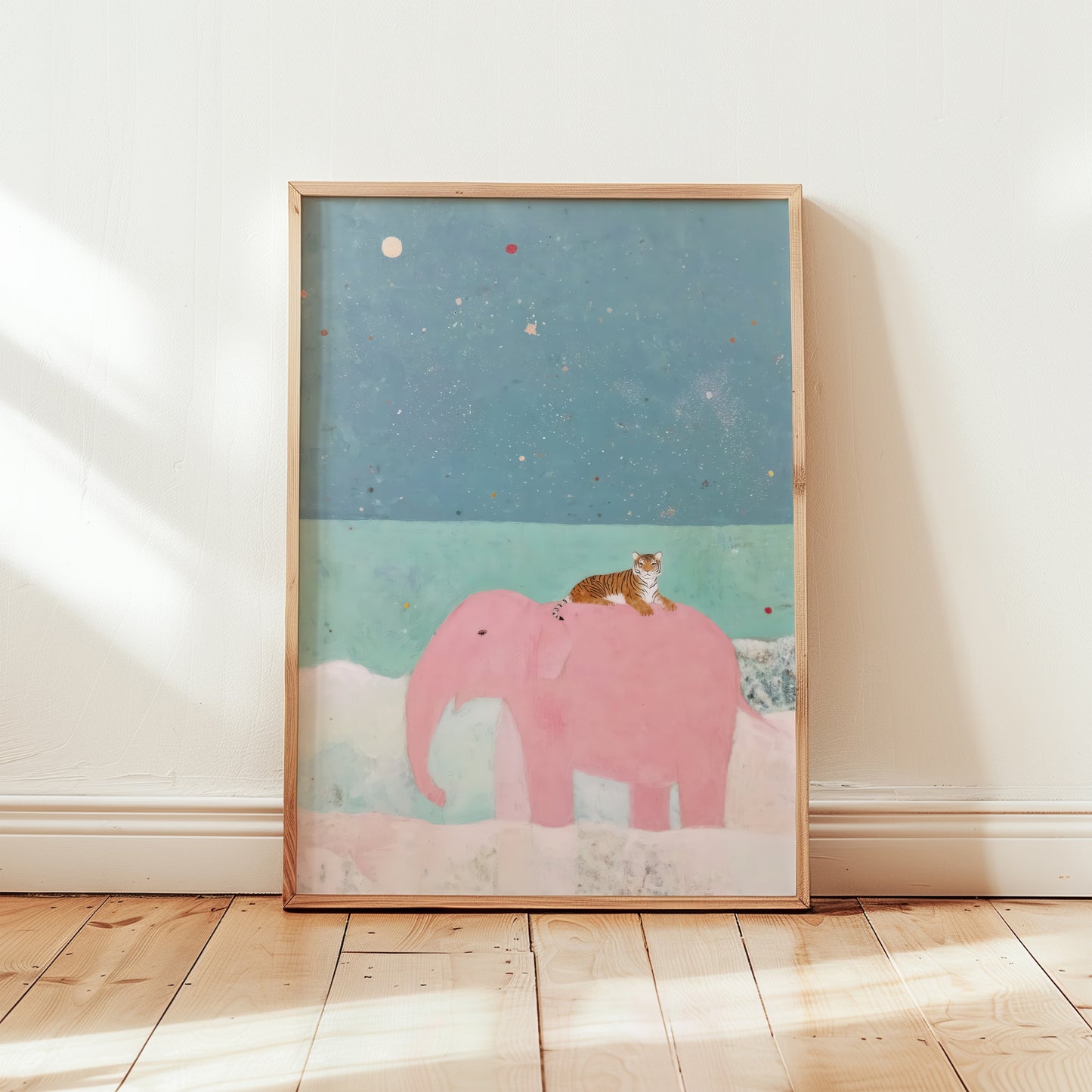 Framed pink elephant and tiger art print in wooden frame, dreamy painterly illustration with teal night sky and pastel palette