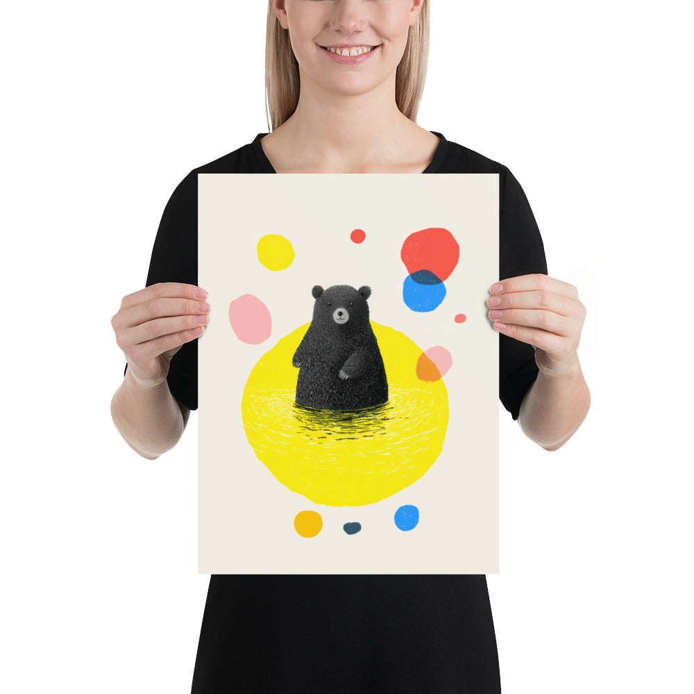 Minimalist bear nursery poster featuring black bear illustration with colourful abstract shapes.