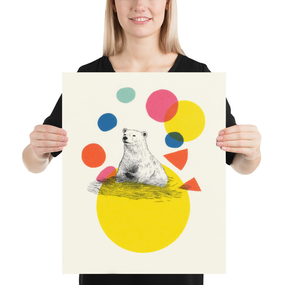 Modern polar bear nursery wall art print with colourful abstract shapes in wooden frame.