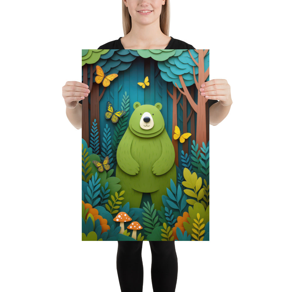 Cute Woodland bear nursery wall art print with butterflies and forest illustration.