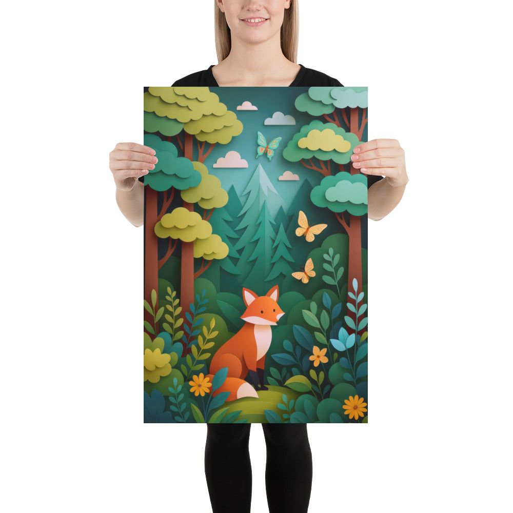Mum holding a  woodland fox nursery poster with layered paper-cut forest trees and butterfly details.