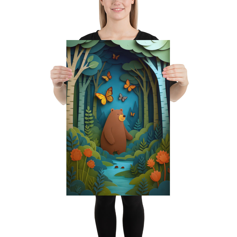 Close-up of woodland bear nursery poster with layered paper-cut forest trees and butterfly details