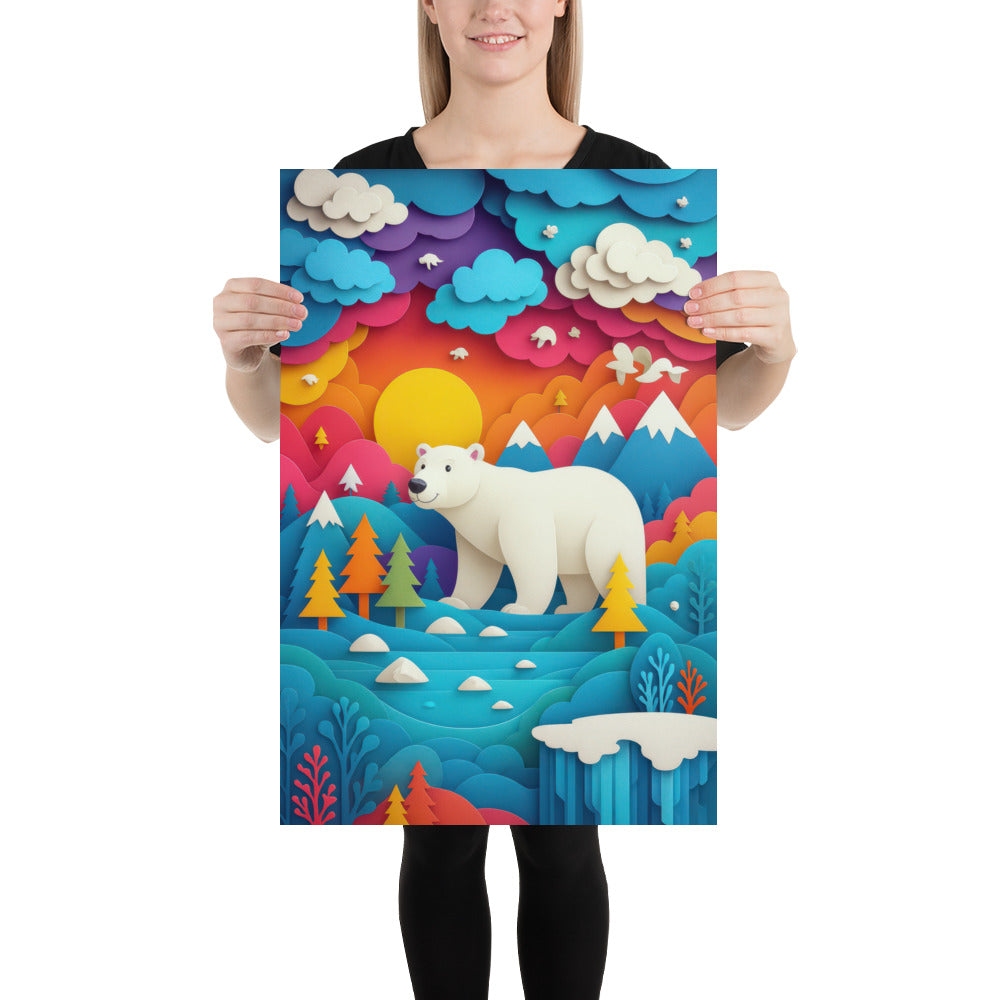 Polar bear nursery wall art print with colourful arctic landscape illustration.
