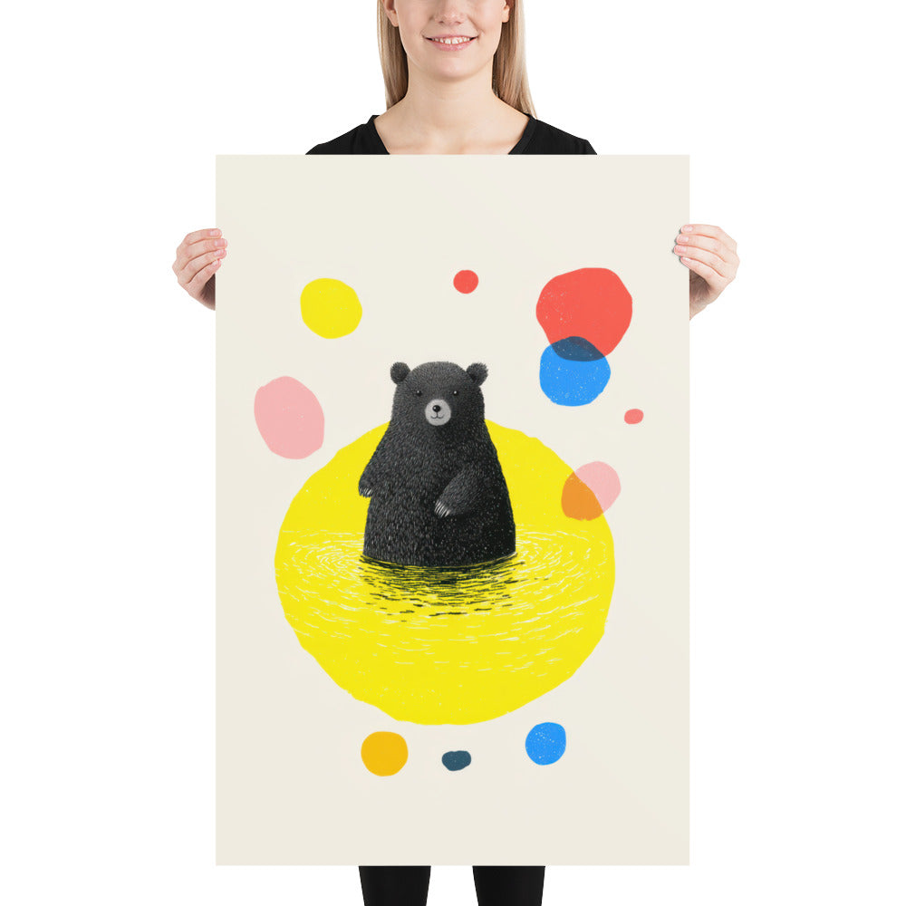 Minimalist bear nursery poster featuring black bear illustration with colourful abstract shapes.