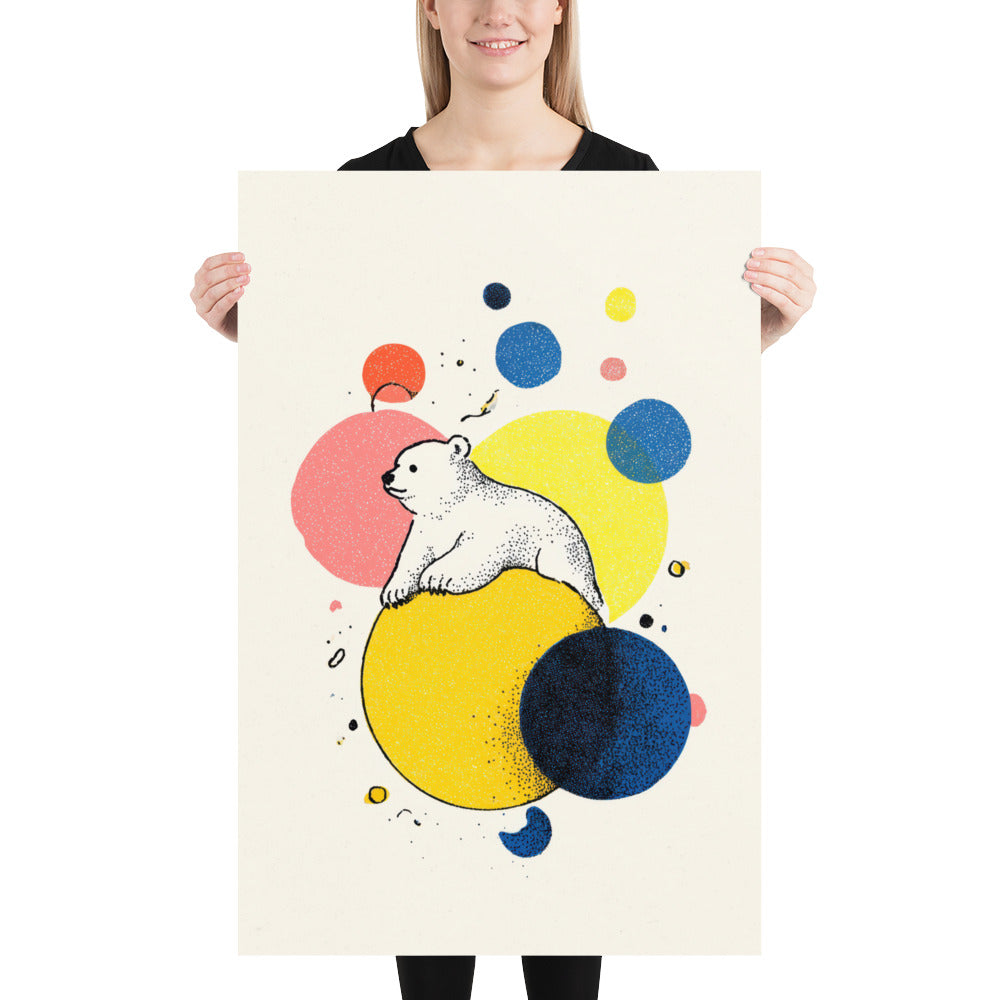 Polar bear nursery wall art print displayed in wooden frame featuring vintage bear illustration with colourful abstract shapes.