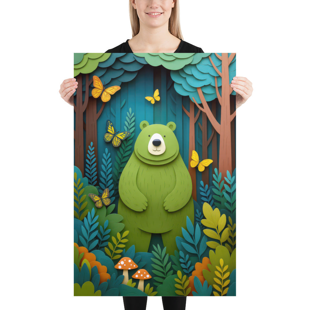 Young mother  holding up a woodland bear nursery poster with layered paper-cut forest leaves and butterfly details.