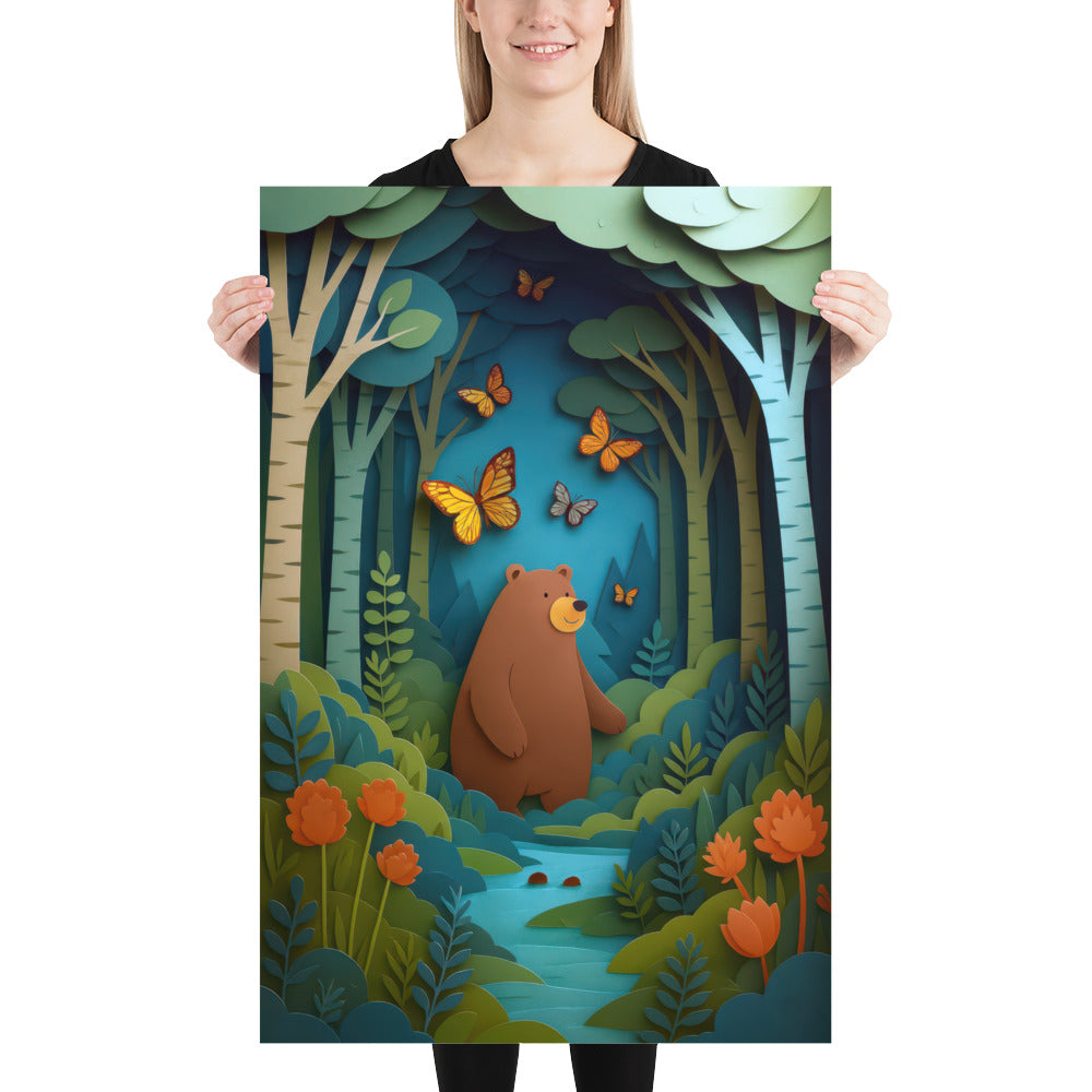 Close-up of woodland bear nursery poster with layered paper-cut forest trees and butterfly details.