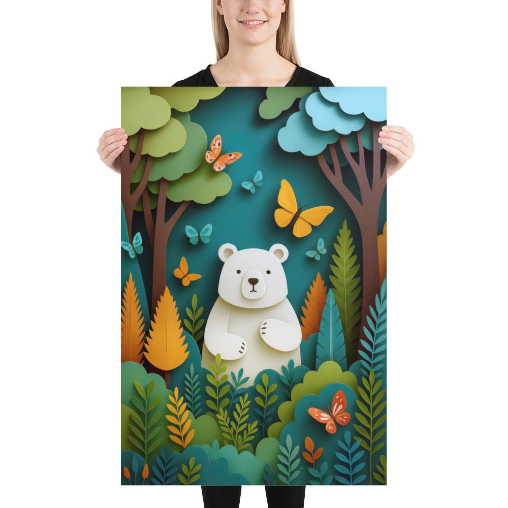 Bear nursery wall art print displayed in wooden frame featuring colourful woodland scene with butterflies and layered forest illustration.