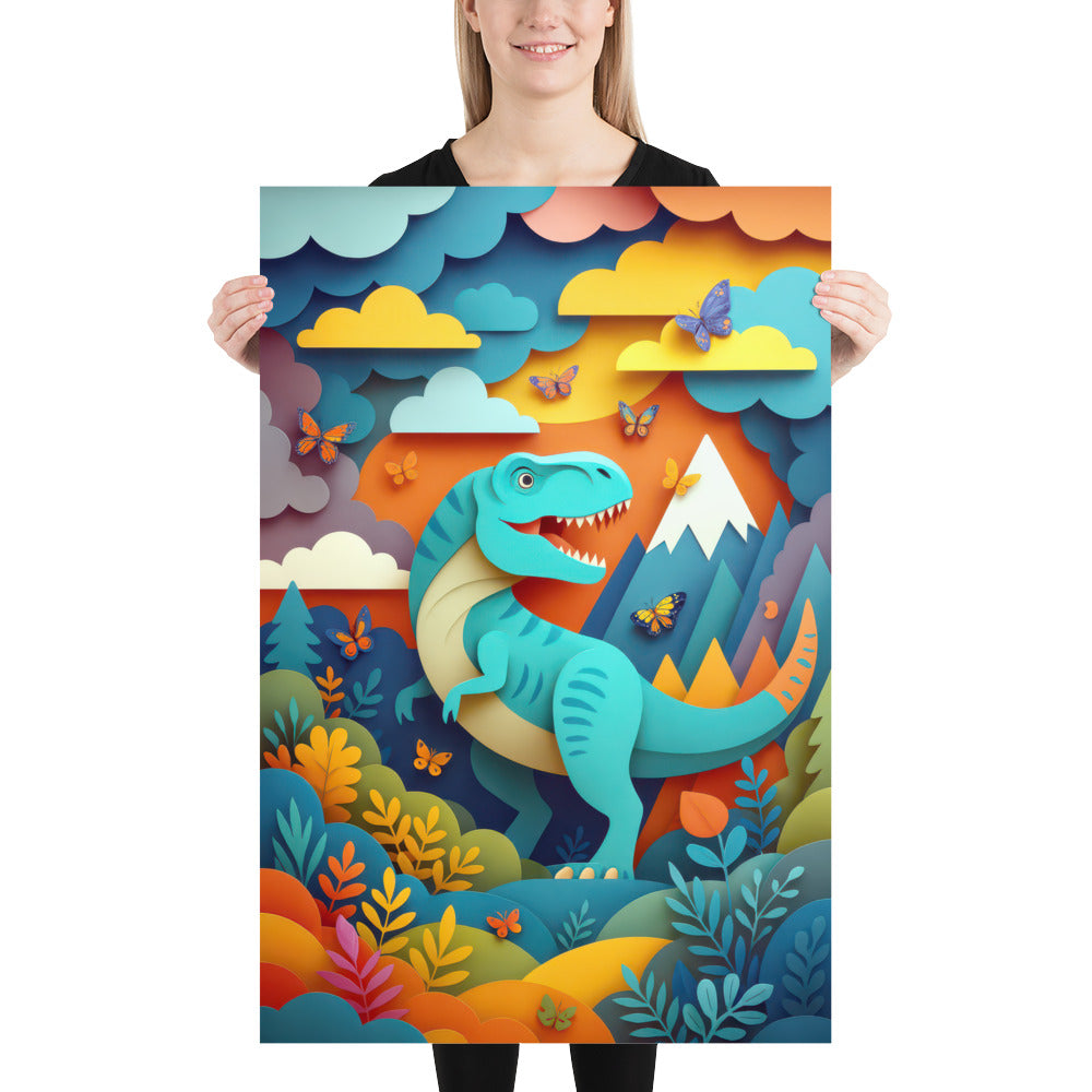 T-rex dinosaur nursery wall art print displayed in wooden frame with colourful mountains, clouds and butterfly illustration.