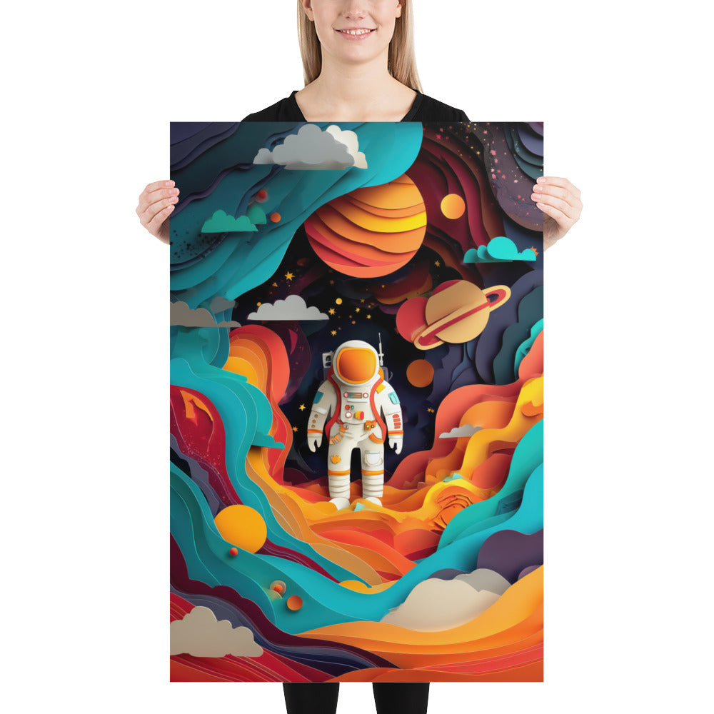 Close-up of colourful astronaut nursery poster with layered paper-cut style planets and cosmic landscape.
