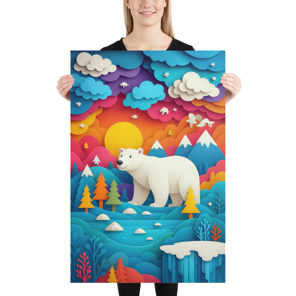 Colourful polar bear nursery wall art print featuring playful layered paper-cut mountains, sunset sky and arctic landscape illustration.