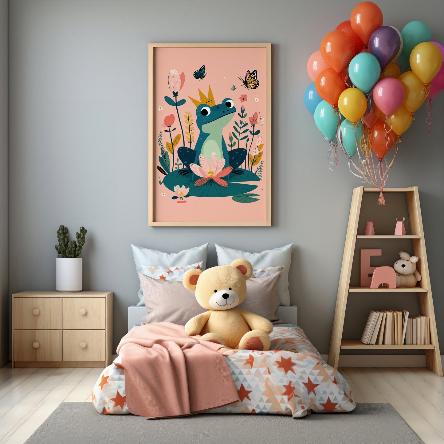 Children's bedroom with a teddy bear on a bed, colorful balloons, and a frog illustration on the wall.
