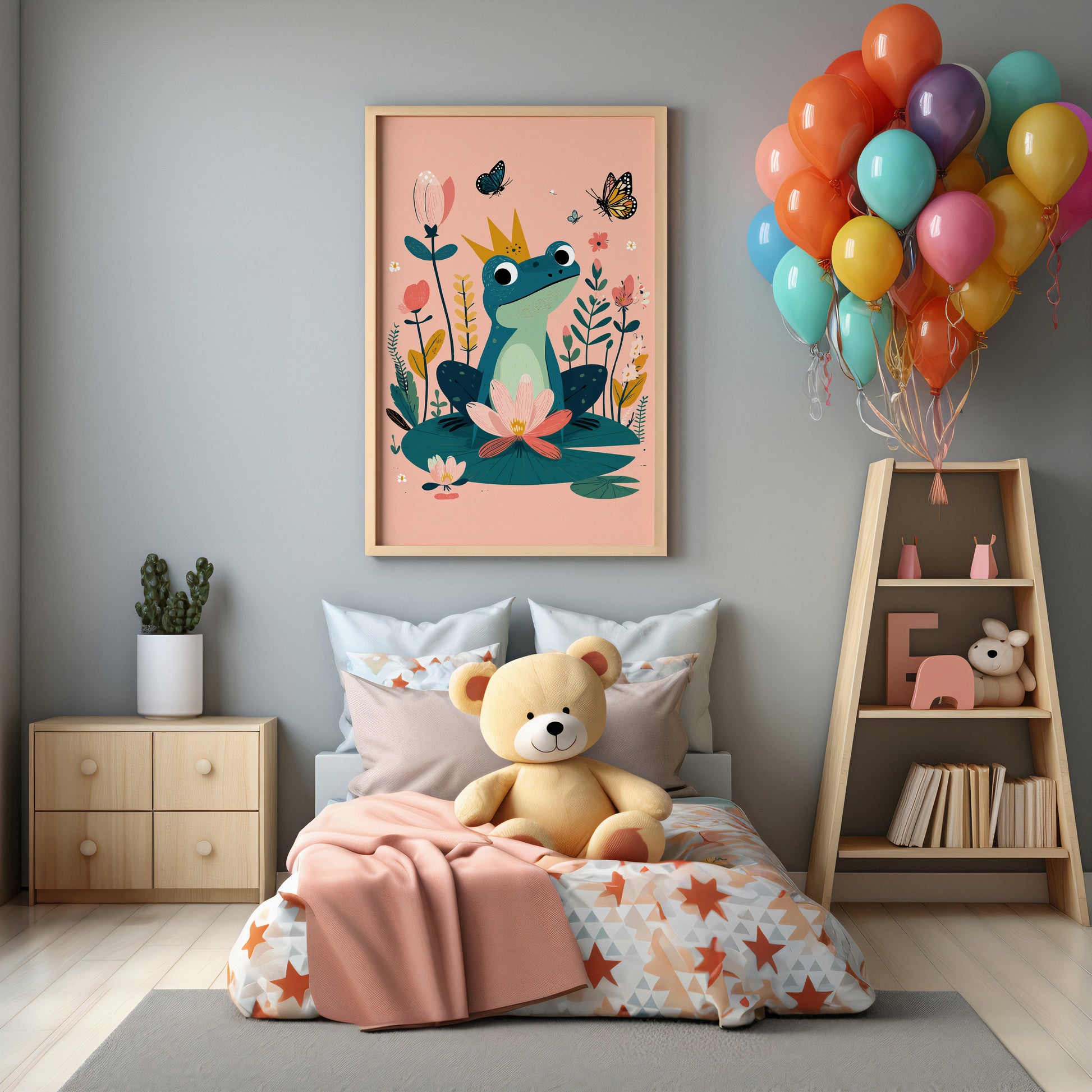 Children's bedroom with a teddy bear on a bed, colorful balloons, and a frog illustration on the wall.