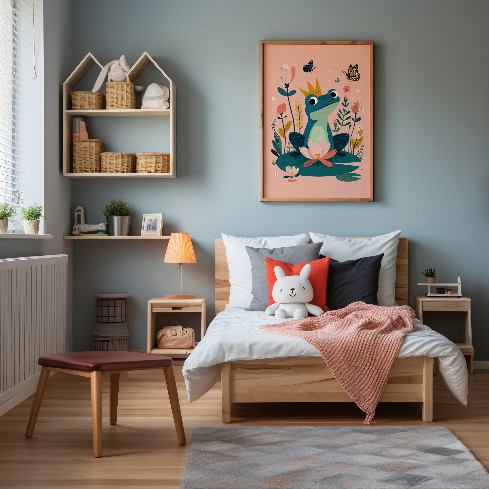 Children's bedroom with a bed, shelves, and wall art.