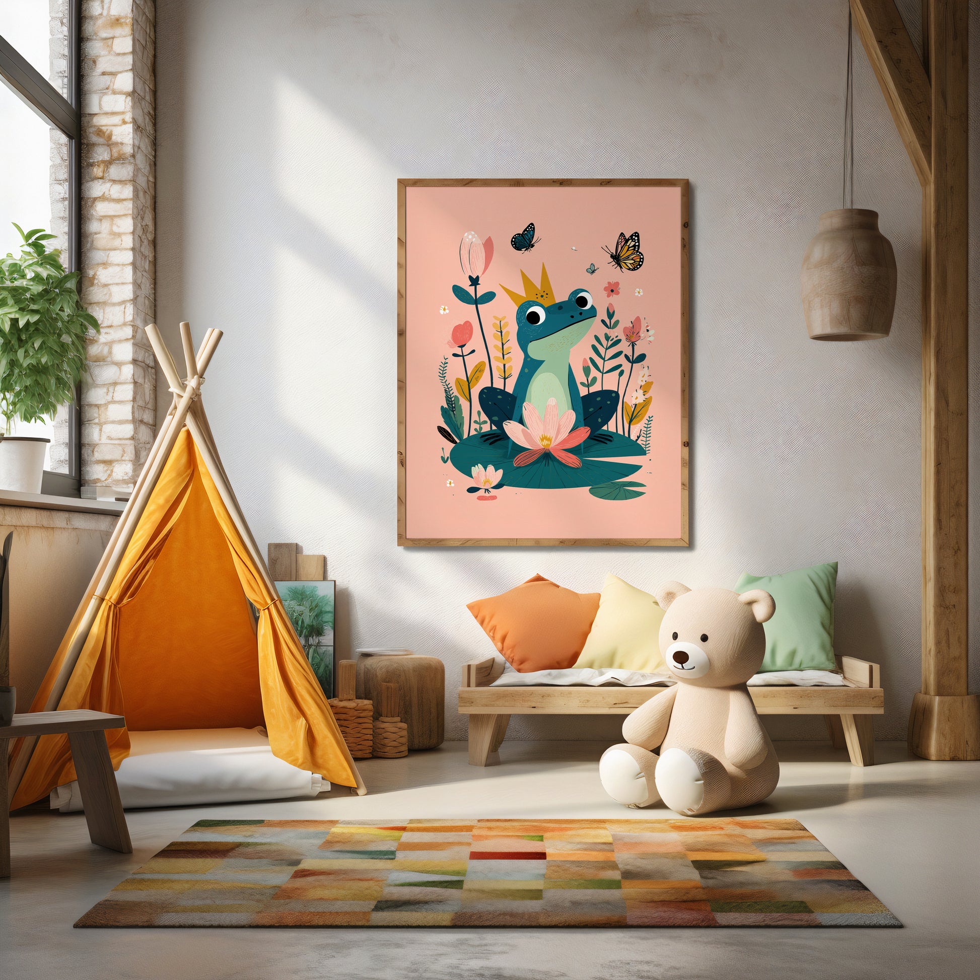 Children's room with a colorful poster of a frog, a teddy bear, and a teepee.