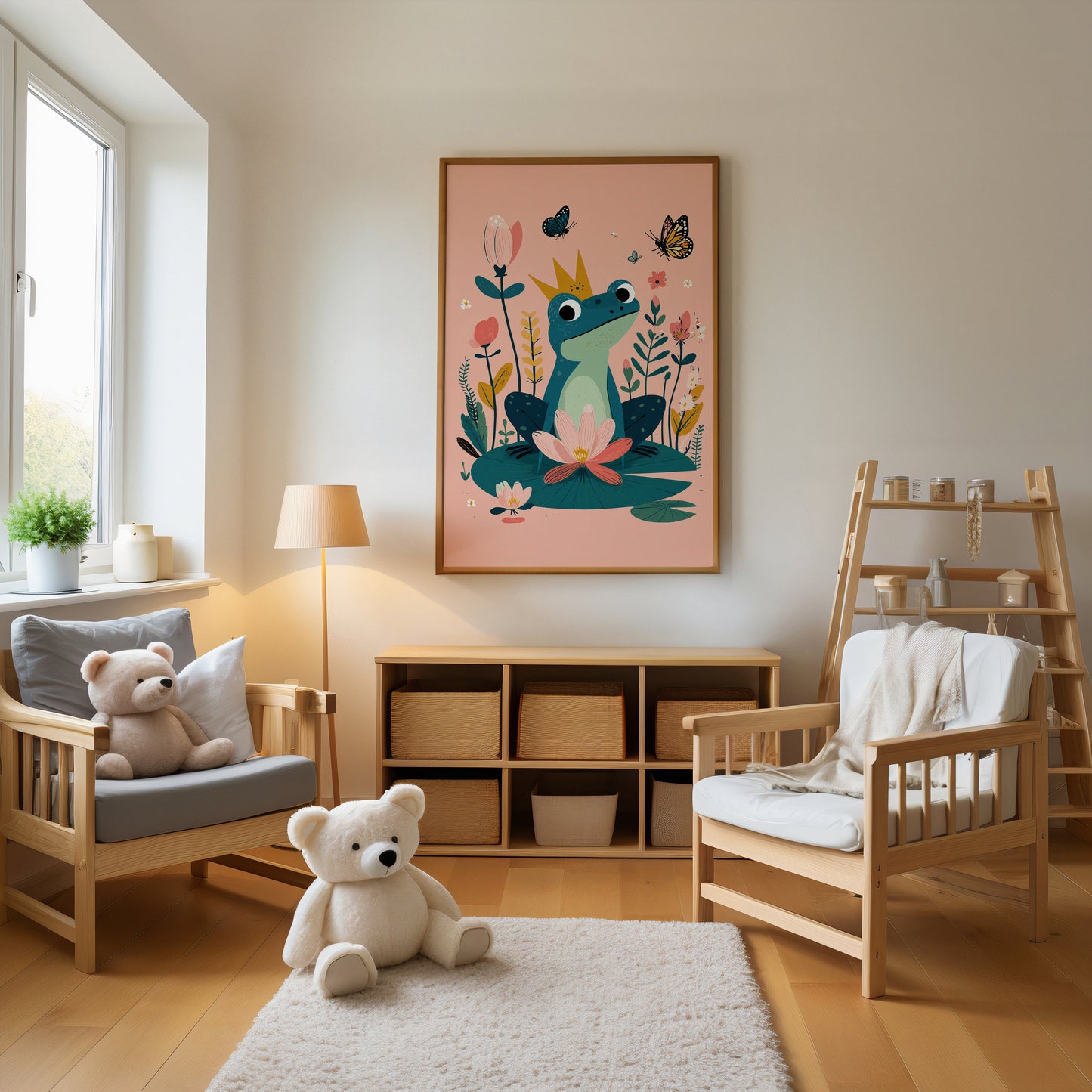 Children's room with wooden furniture, toys, and a decorative wall art of a frog.