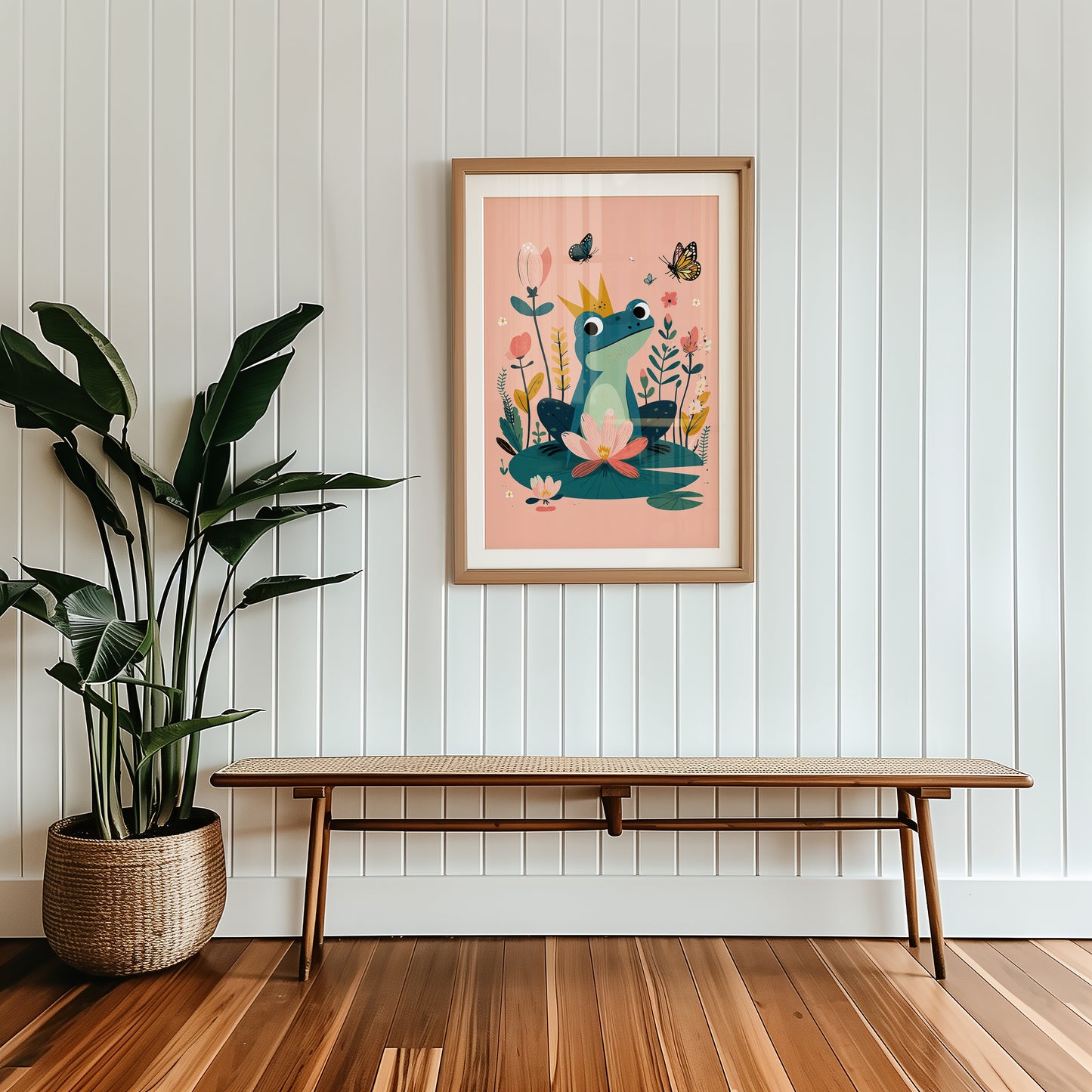 Framed artwork of a frog and flowers on a wall above a wooden bench with a plant beside it.